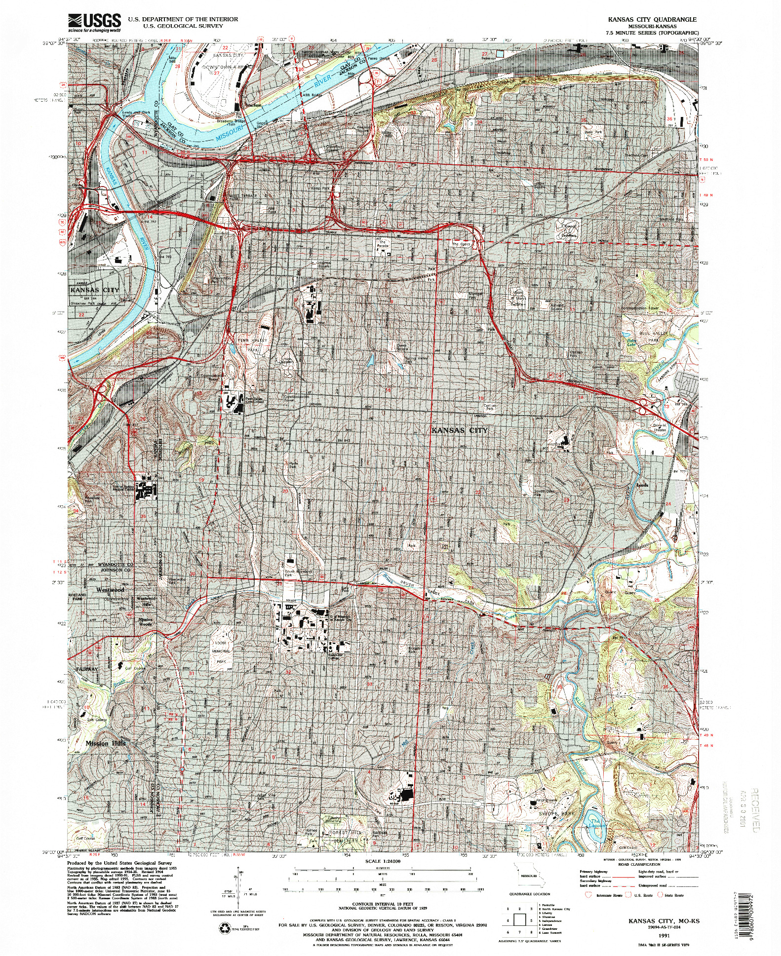 USGS 1:24000-SCALE QUADRANGLE FOR KANSAS CITY, MO 1991