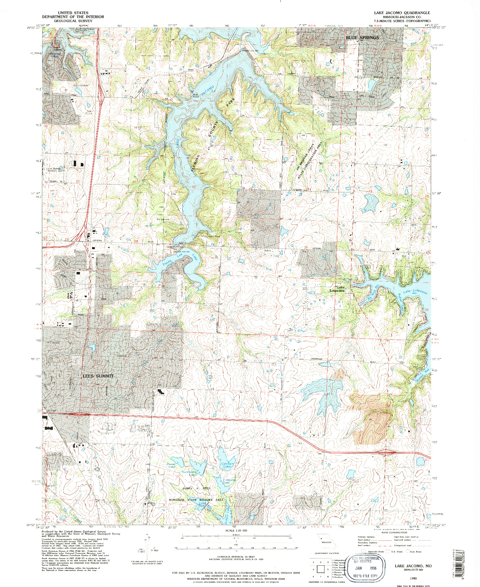 USGS 1:24000-SCALE QUADRANGLE FOR LAKE JACOMO, MO 1990