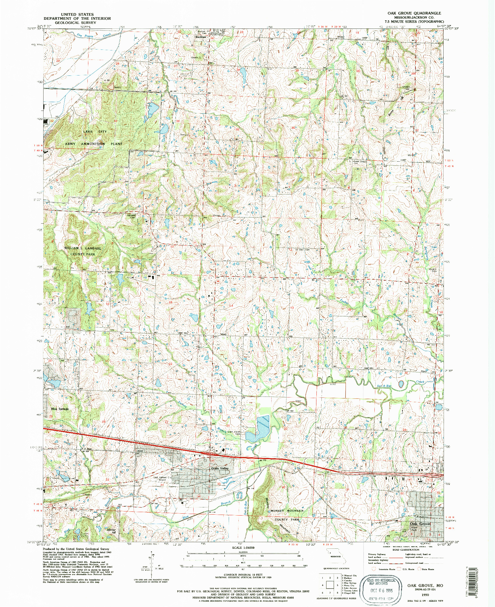 USGS 1:24000-SCALE QUADRANGLE FOR OAK GROVE, MO 1990