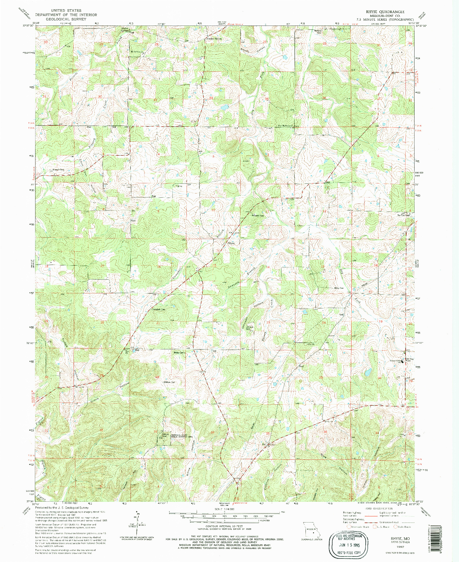 USGS 1:24000-SCALE QUADRANGLE FOR RHYSE, MO 1992