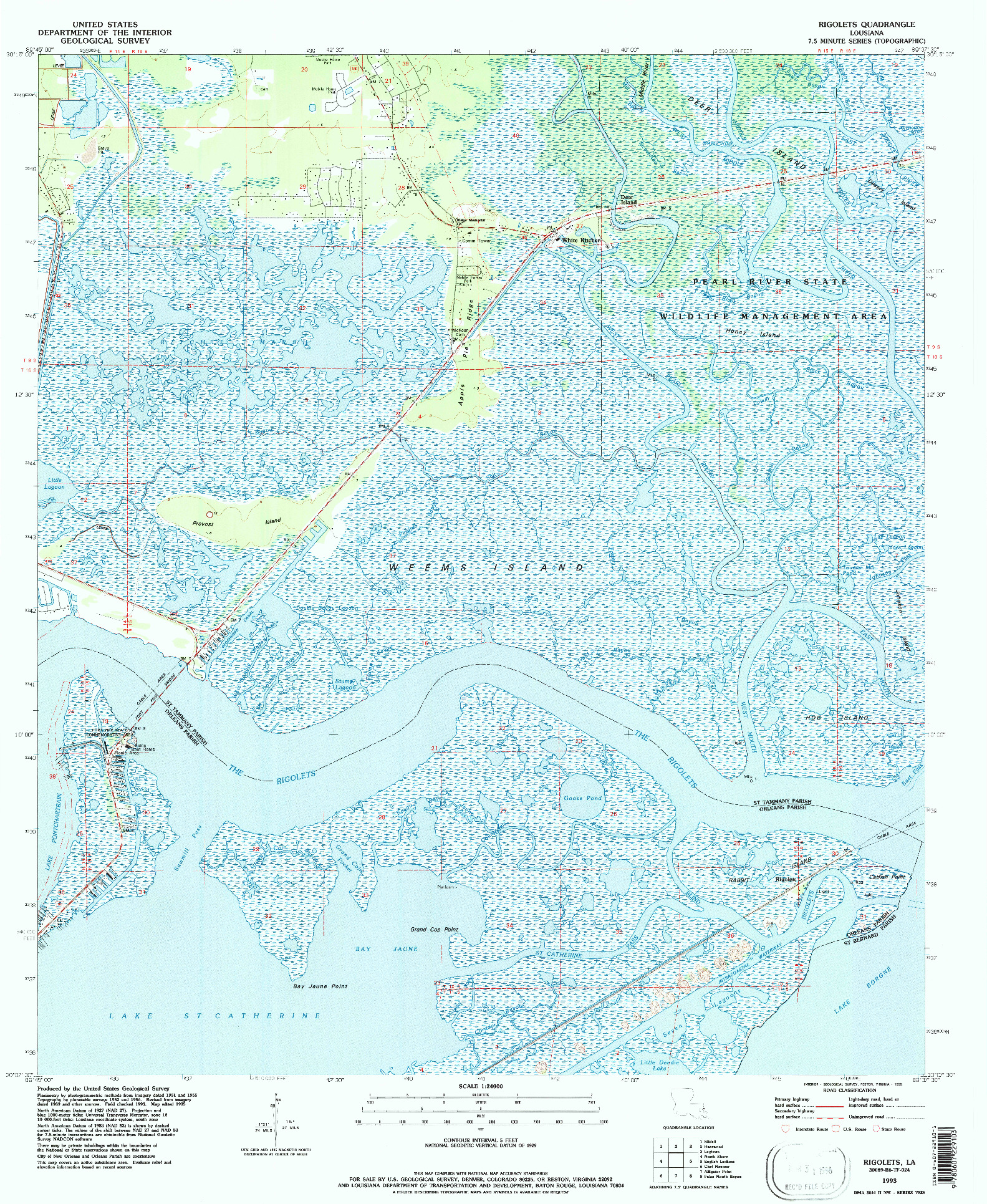 USGS 1:24000-SCALE QUADRANGLE FOR RIGOLETS, LA 1993