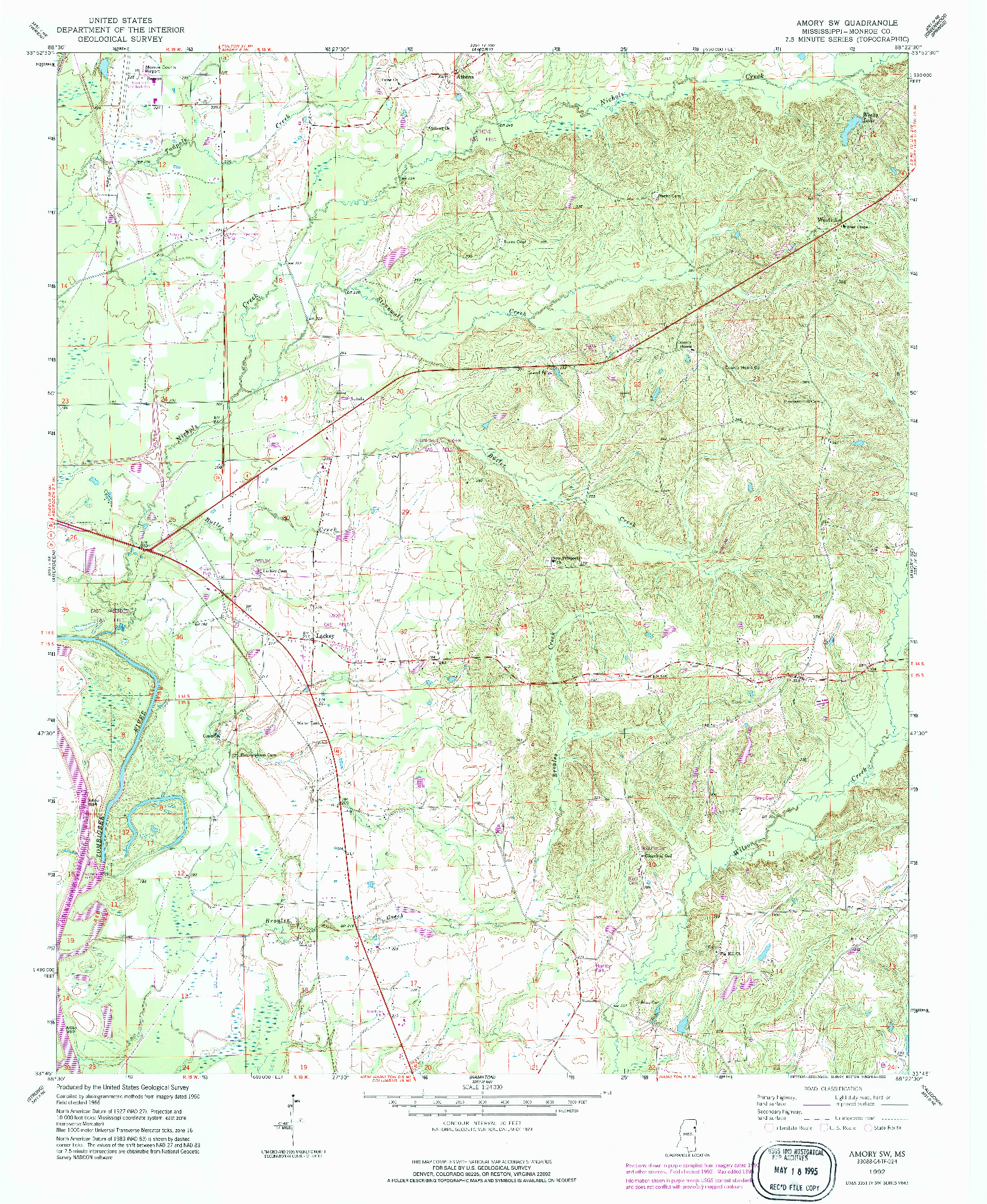 USGS 1:24000-SCALE QUADRANGLE FOR AMORY SW, MS 1992