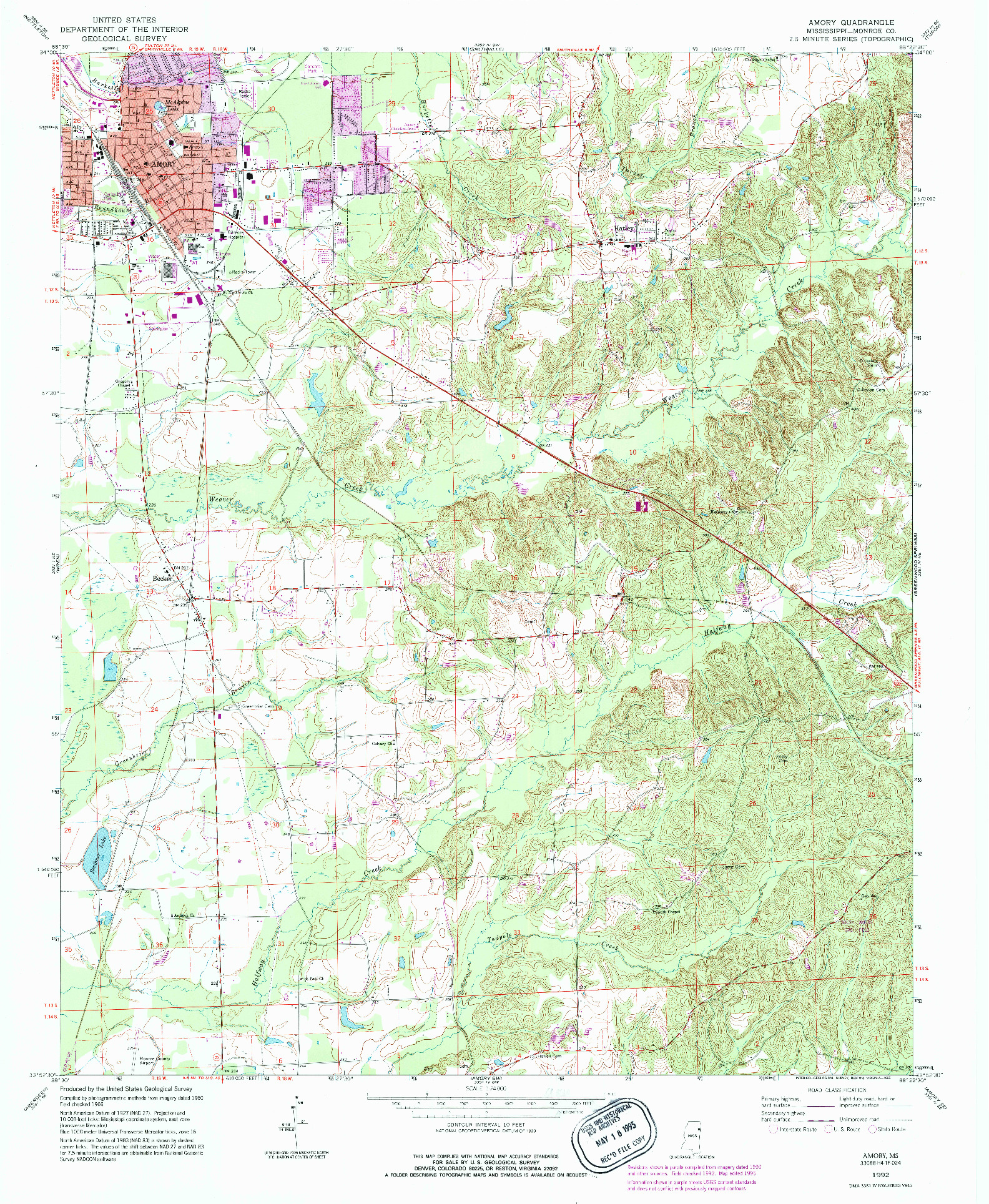 USGS 1:24000-SCALE QUADRANGLE FOR AMORY, MS 1992