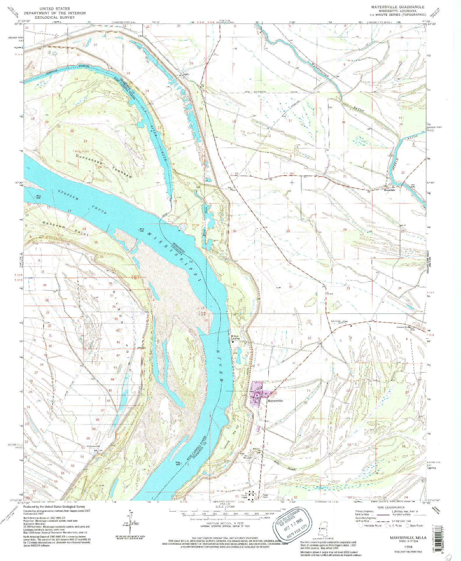 USGS 1:24000-SCALE QUADRANGLE FOR MAYERSVILLE, MS 1994