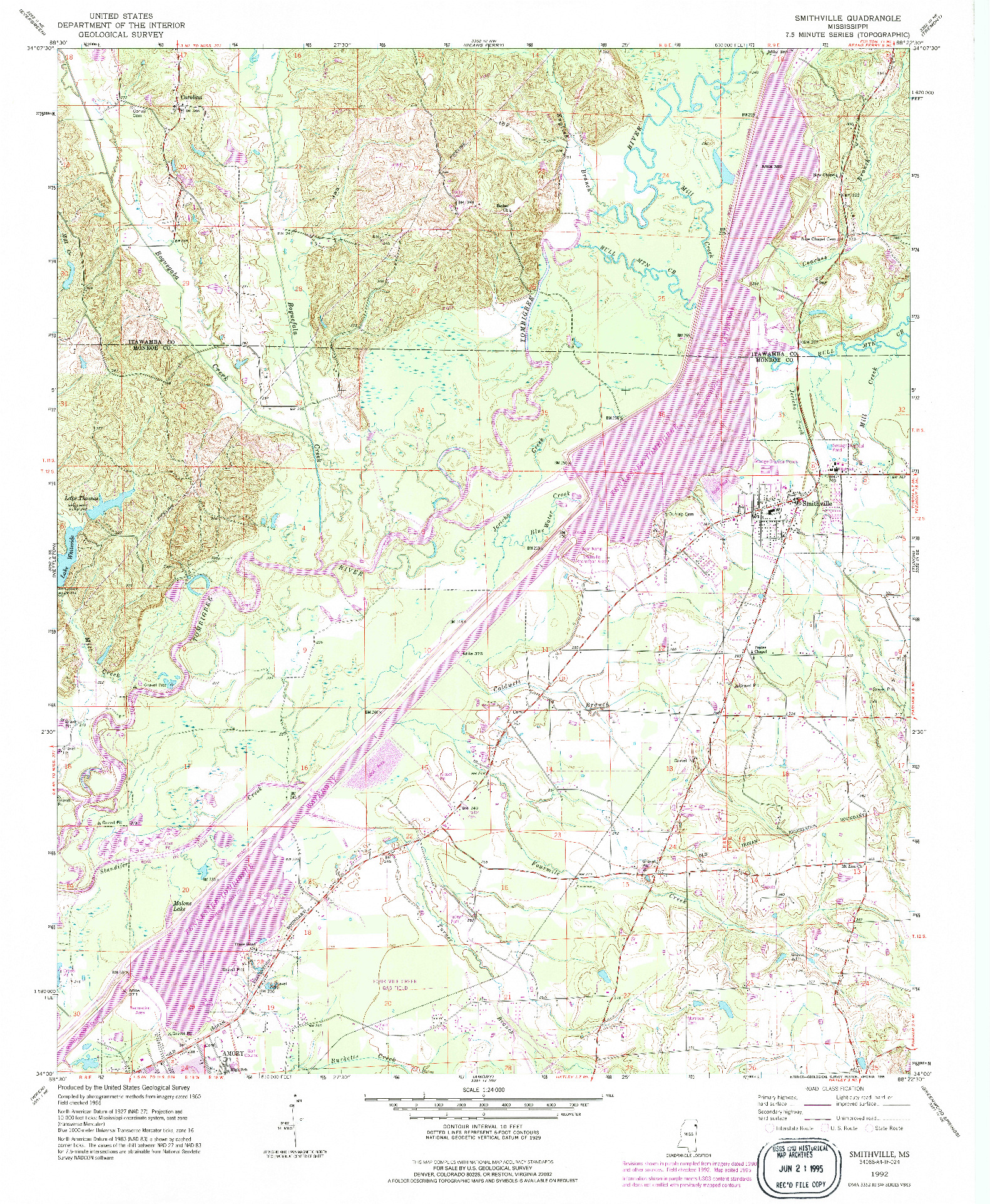 USGS 1:24000-SCALE QUADRANGLE FOR SMITHVILLE, MS 1992