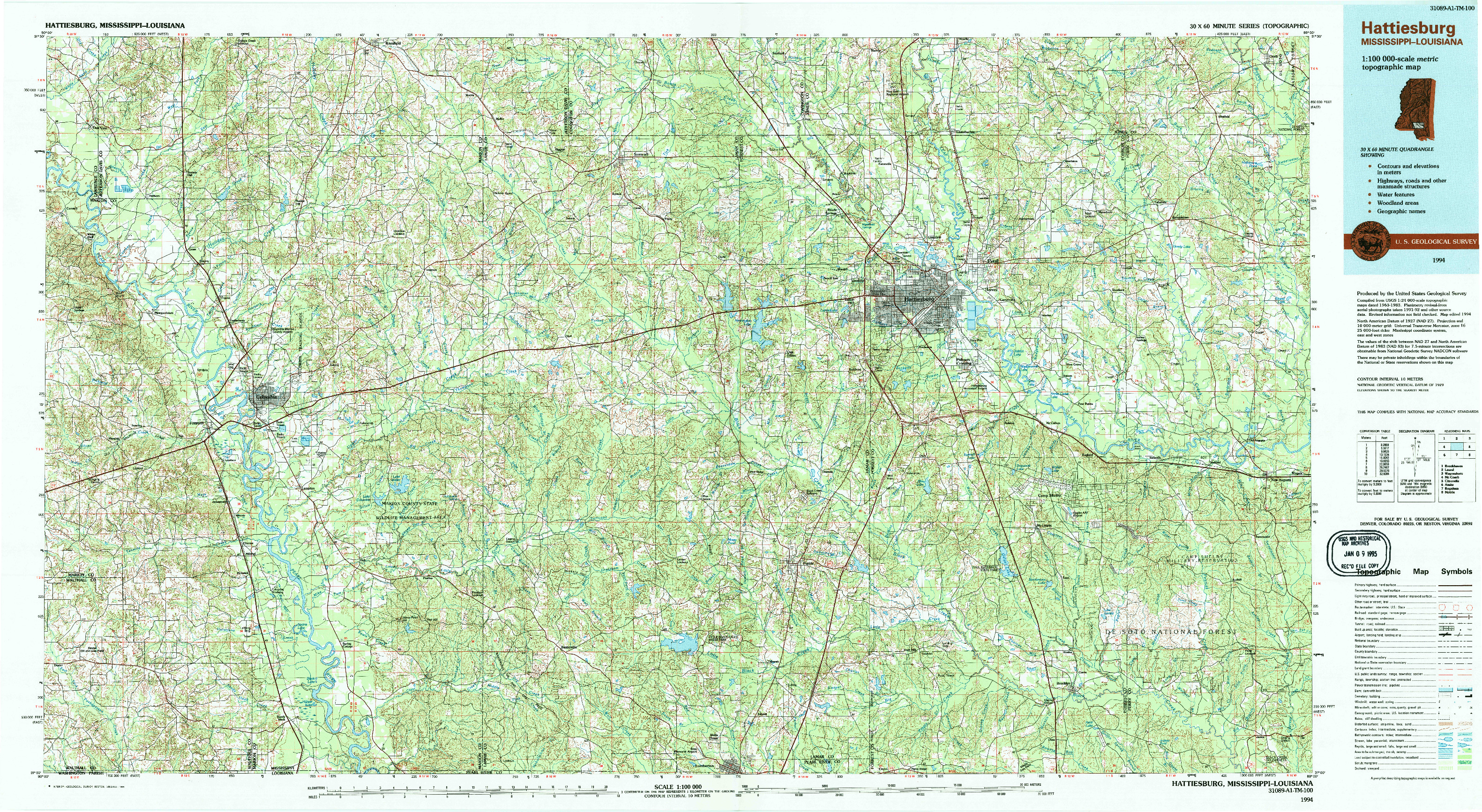 USGS 1:100000-SCALE QUADRANGLE FOR HATTIESBURG, MS 1994