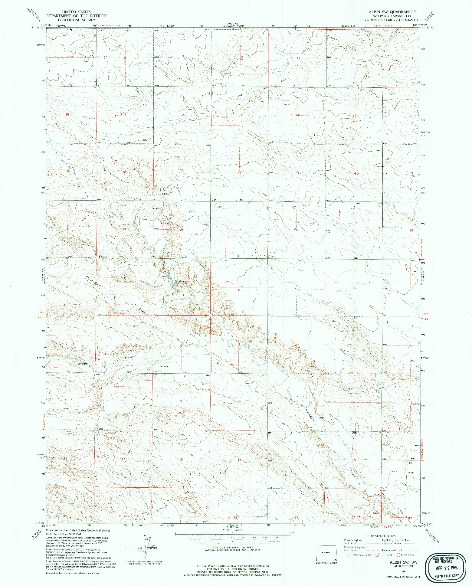 USGS 1:24000-SCALE QUADRANGLE FOR ALBIN SW, WY 1991