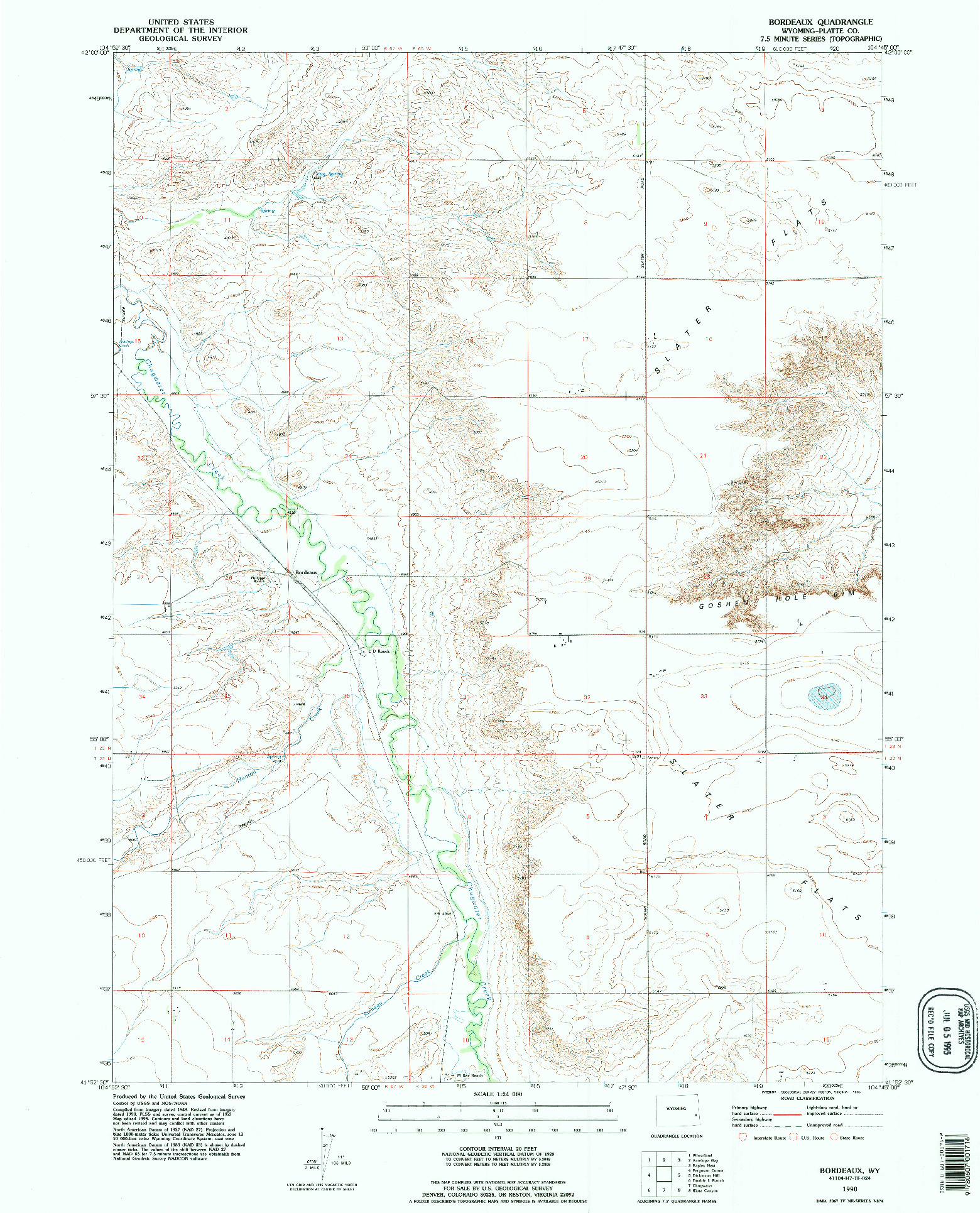 USGS 1:24000-SCALE QUADRANGLE FOR BORDEAUX, WY 1990