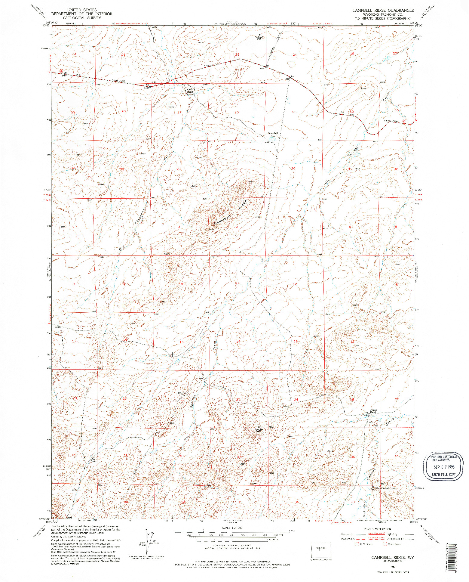 USGS 1:24000-SCALE QUADRANGLE FOR CAMPBELL RIDGE, WY 1953