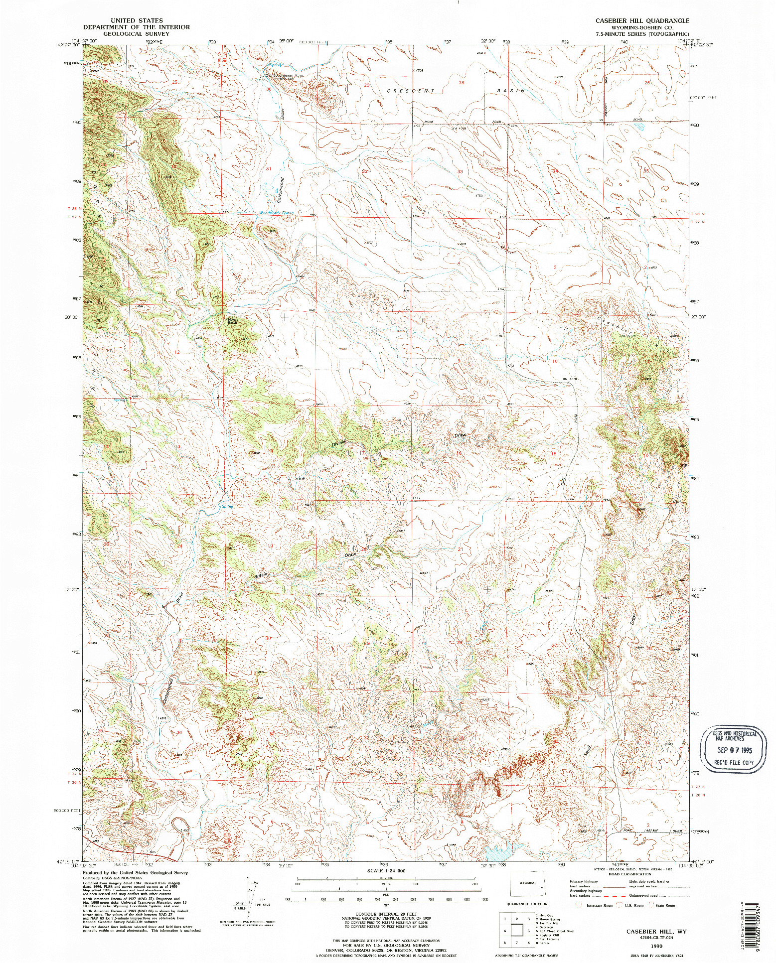 USGS 1:24000-SCALE QUADRANGLE FOR CASEBIER HILL, WY 1990