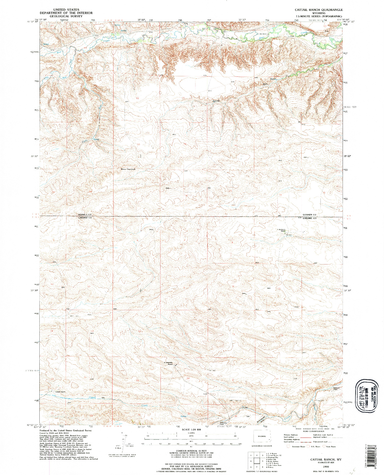 USGS 1:24000-SCALE QUADRANGLE FOR CATTAIL RANCH, WY 1990