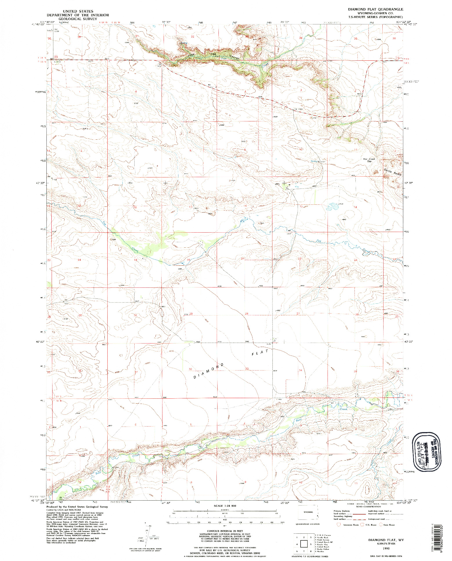 USGS 1:24000-SCALE QUADRANGLE FOR DIAMOND FLAT, WY 1990