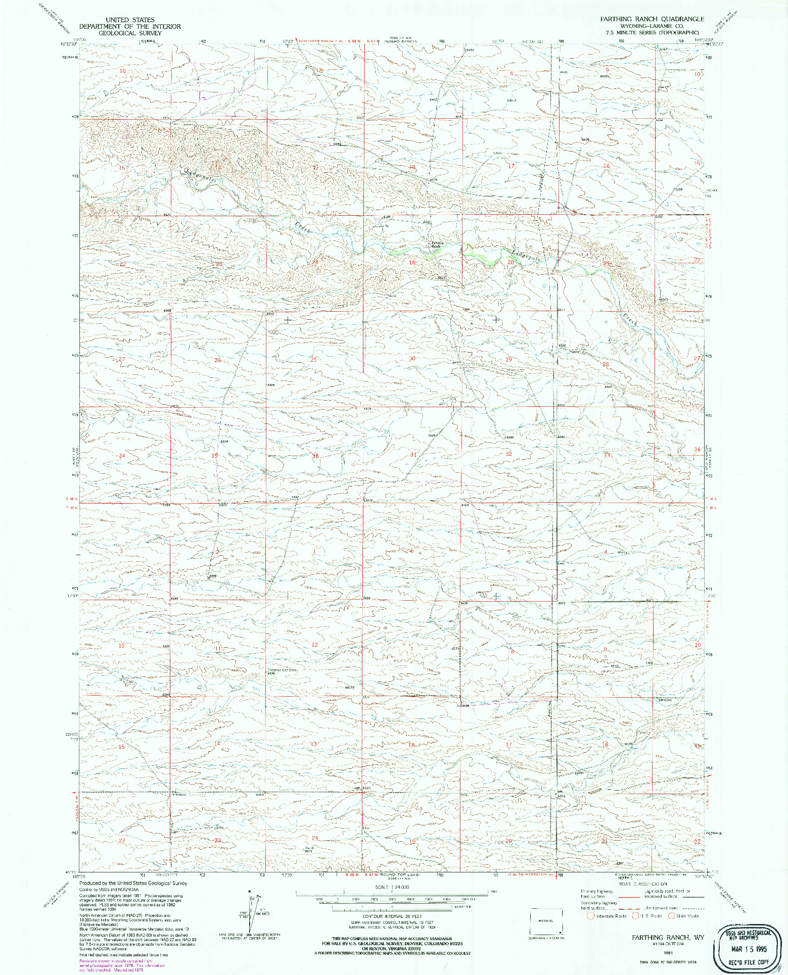 USGS 1:24000-SCALE QUADRANGLE FOR FARTHING RANCH, WY 1991