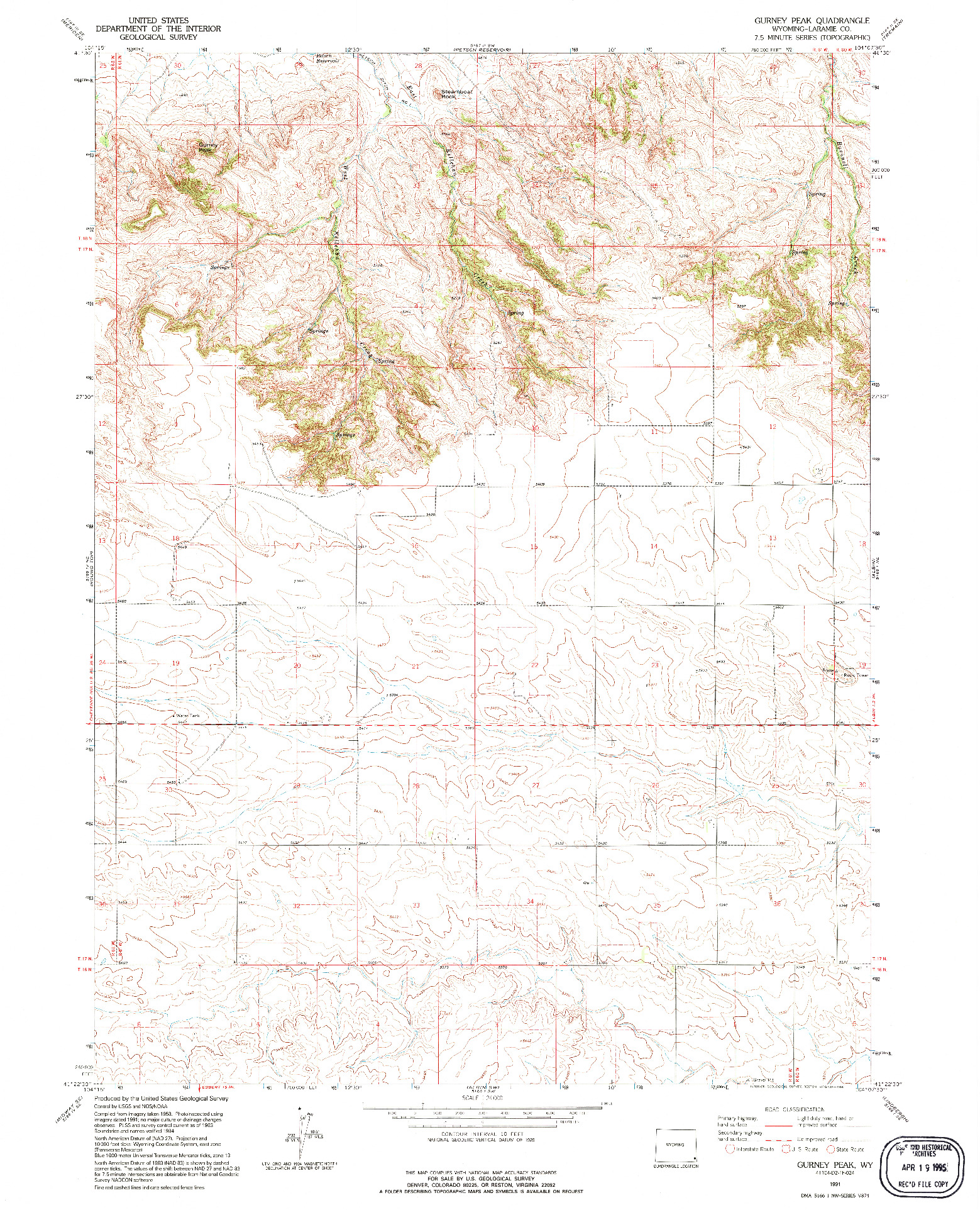 USGS 1:24000-SCALE QUADRANGLE FOR GURNEY PEAK, WY 1991