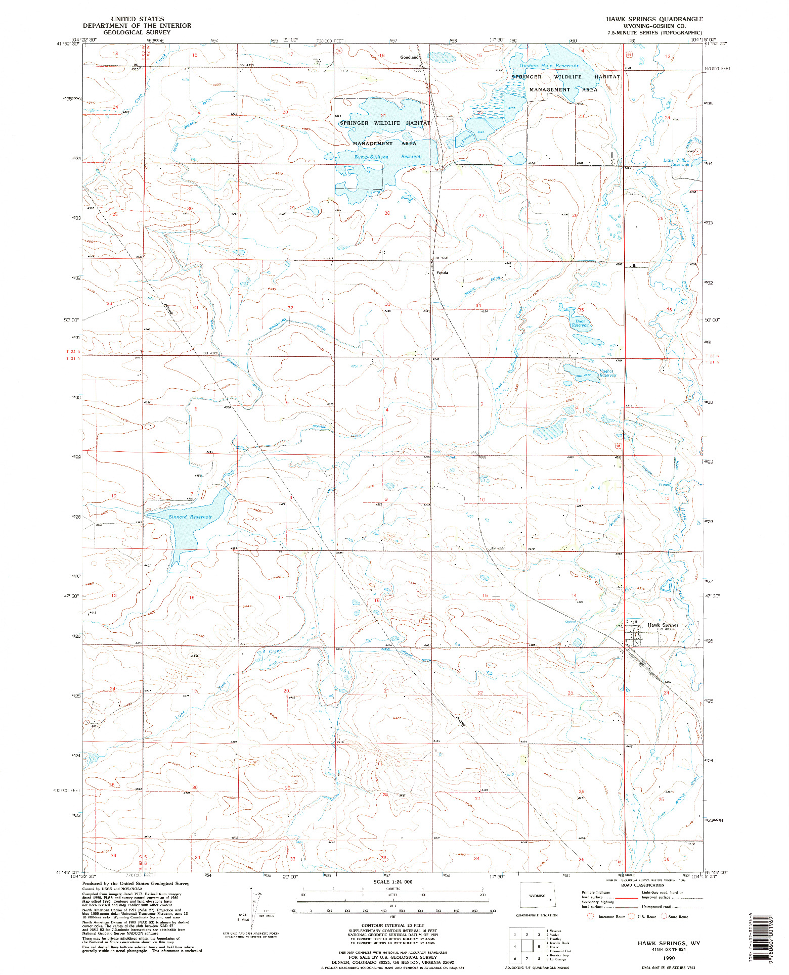 USGS 1:24000-SCALE QUADRANGLE FOR HAWK SPRINGS, WY 1990
