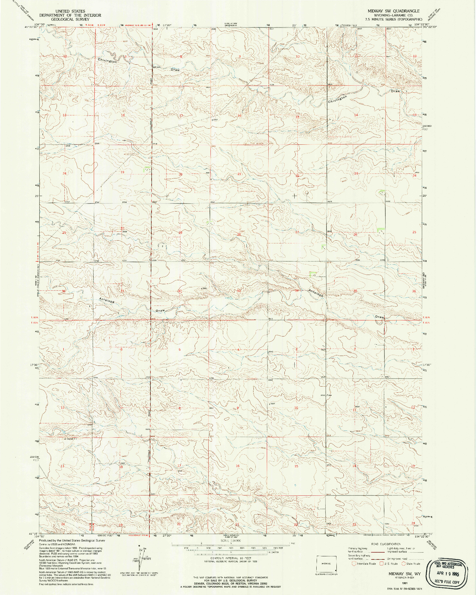 USGS 1:24000-SCALE QUADRANGLE FOR MIDWAY SW, WY 1991