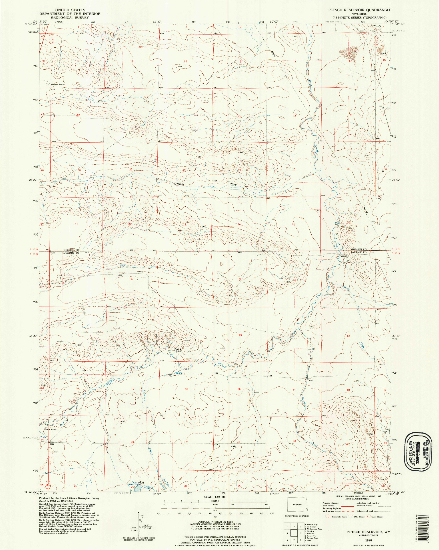 USGS 1:24000-SCALE QUADRANGLE FOR PETSCH RESERVOIR, WY 1990