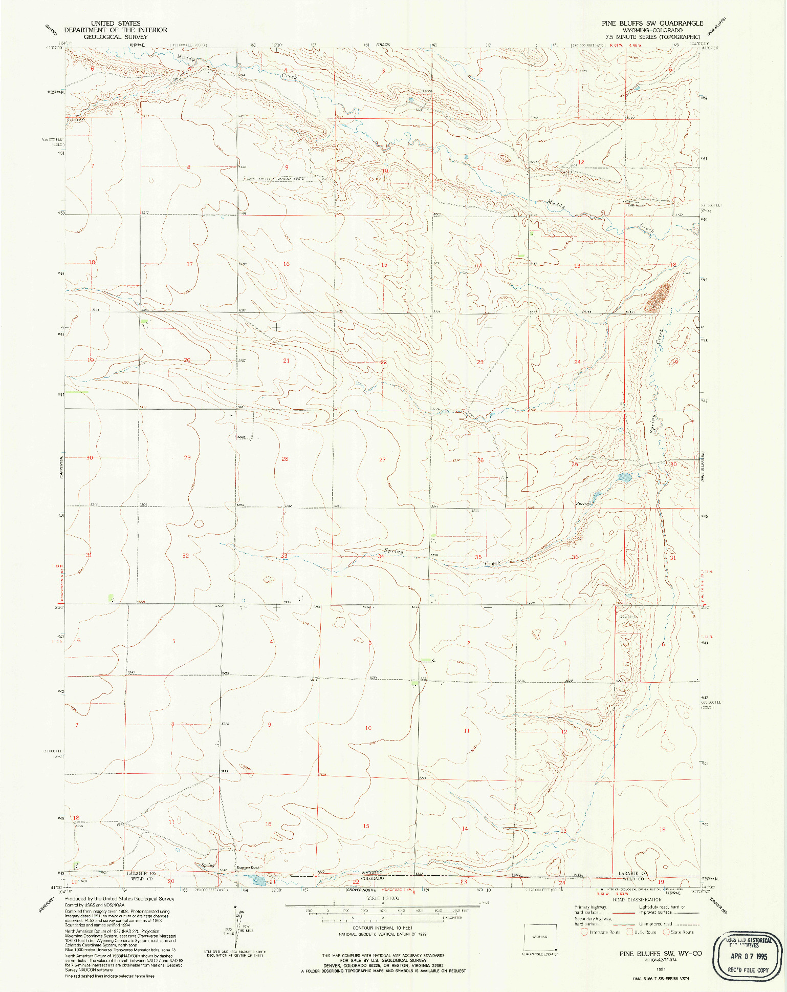 USGS 1:24000-SCALE QUADRANGLE FOR PINE BLUFFS SW, WY 1991