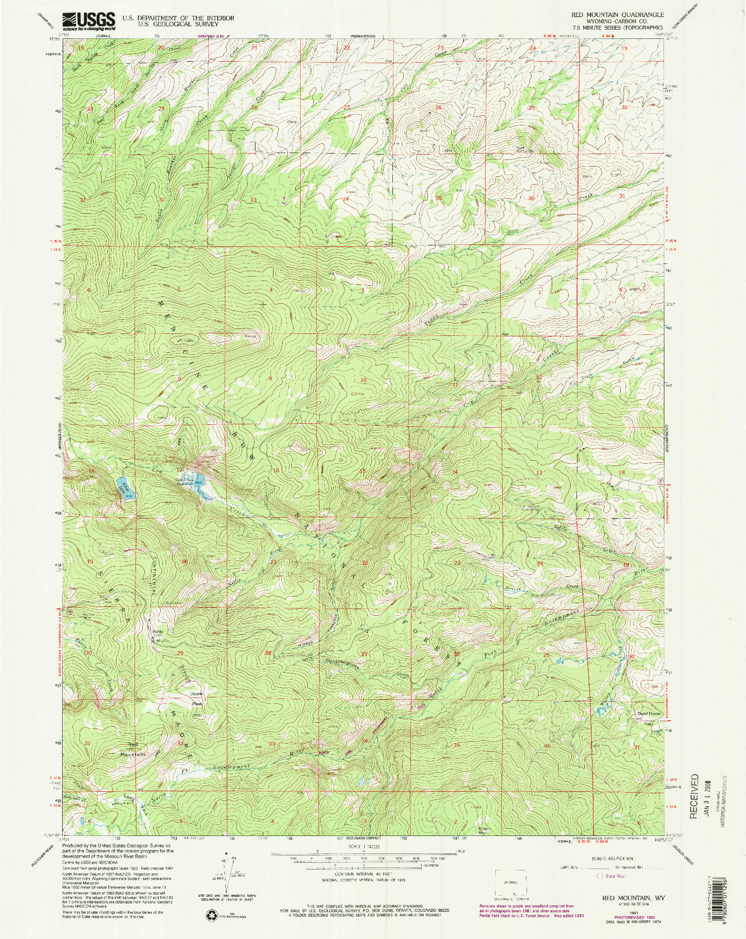 USGS 1:24000-SCALE QUADRANGLE FOR RED MOUNTAIN, WY 1961