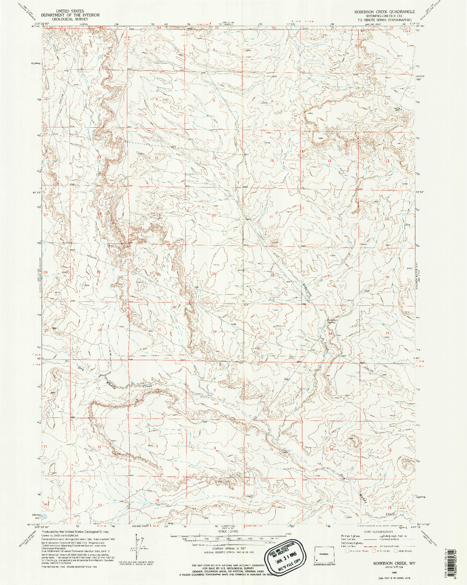 USGS 1:24000-SCALE QUADRANGLE FOR ROBERSON CREEK, WY 1969