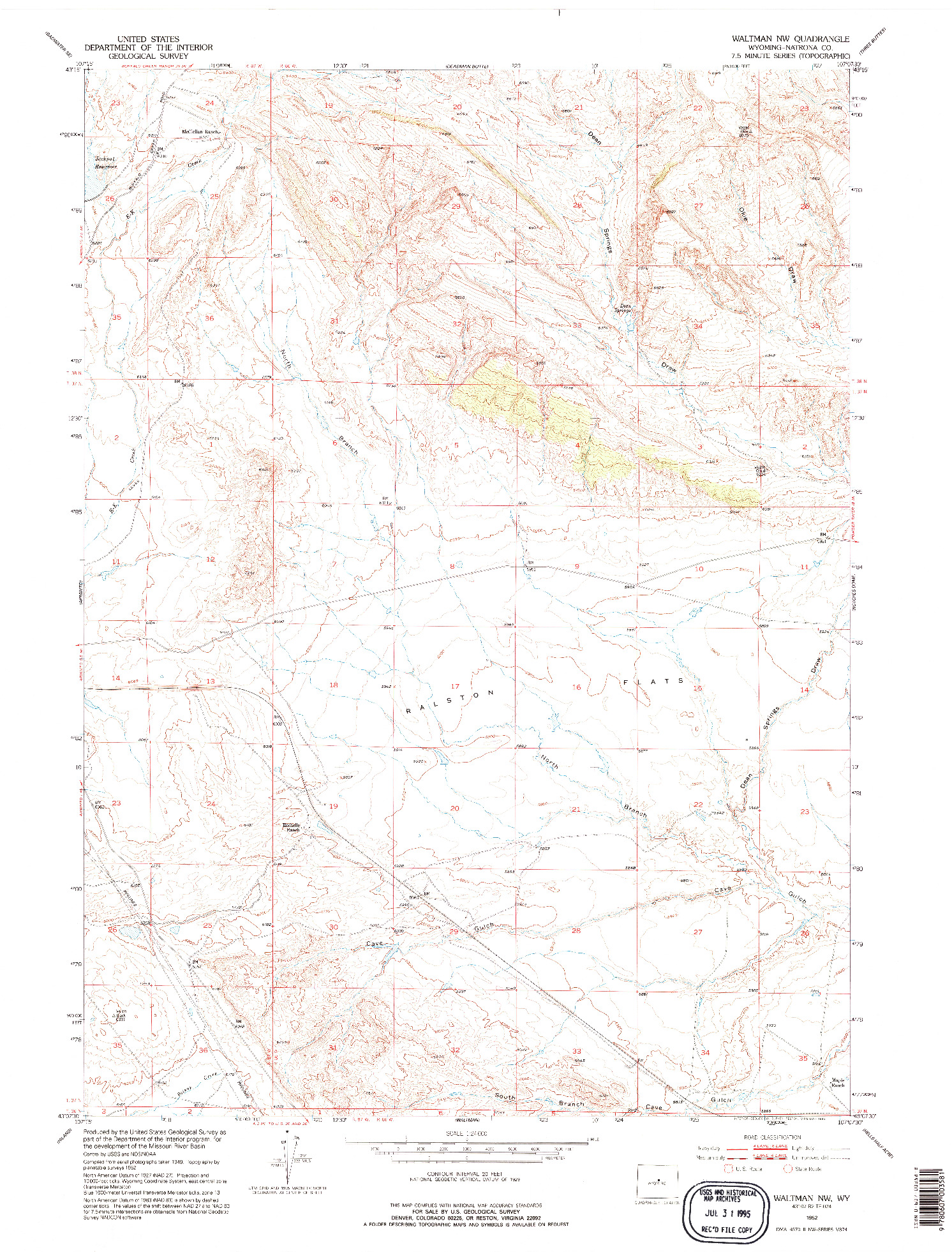 USGS 1:24000-SCALE QUADRANGLE FOR WALTMAN NW, WY 1952