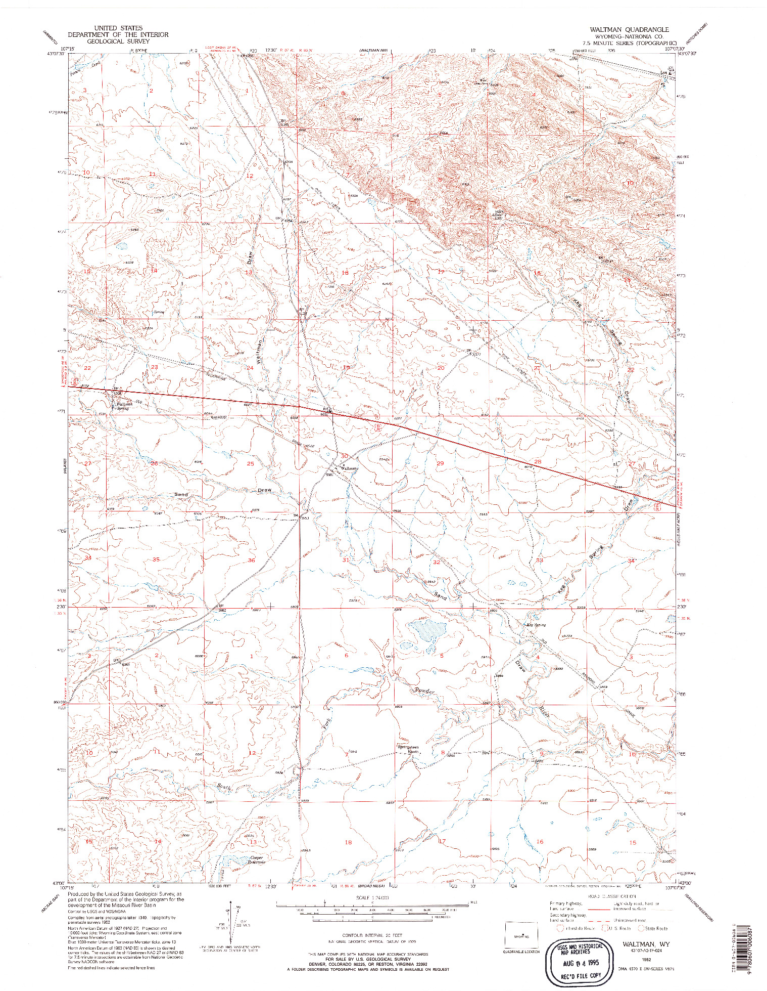 USGS 1:24000-SCALE QUADRANGLE FOR WALTMAN, WY 1952