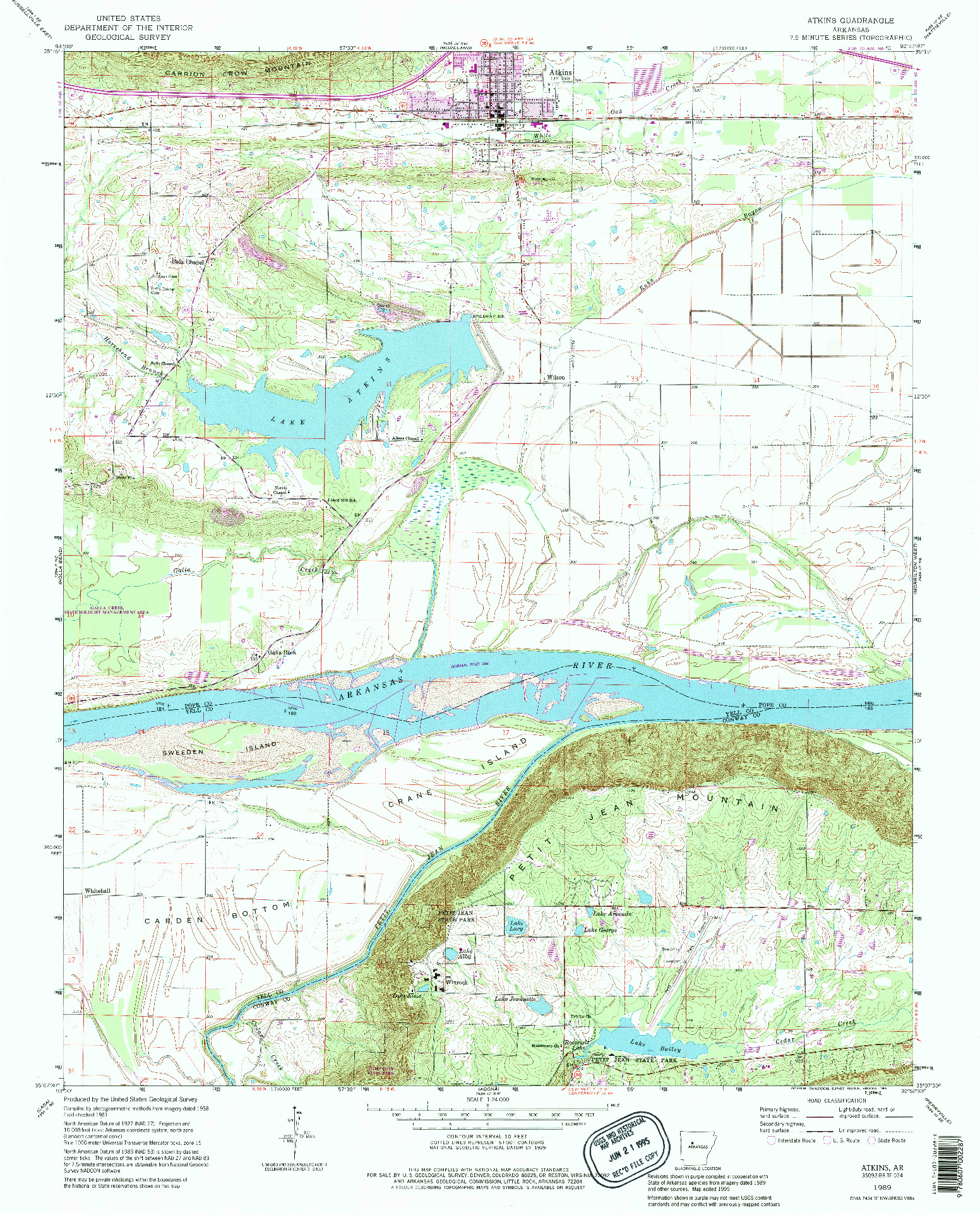 USGS 1:24000-SCALE QUADRANGLE FOR ATKINS, AR 1989