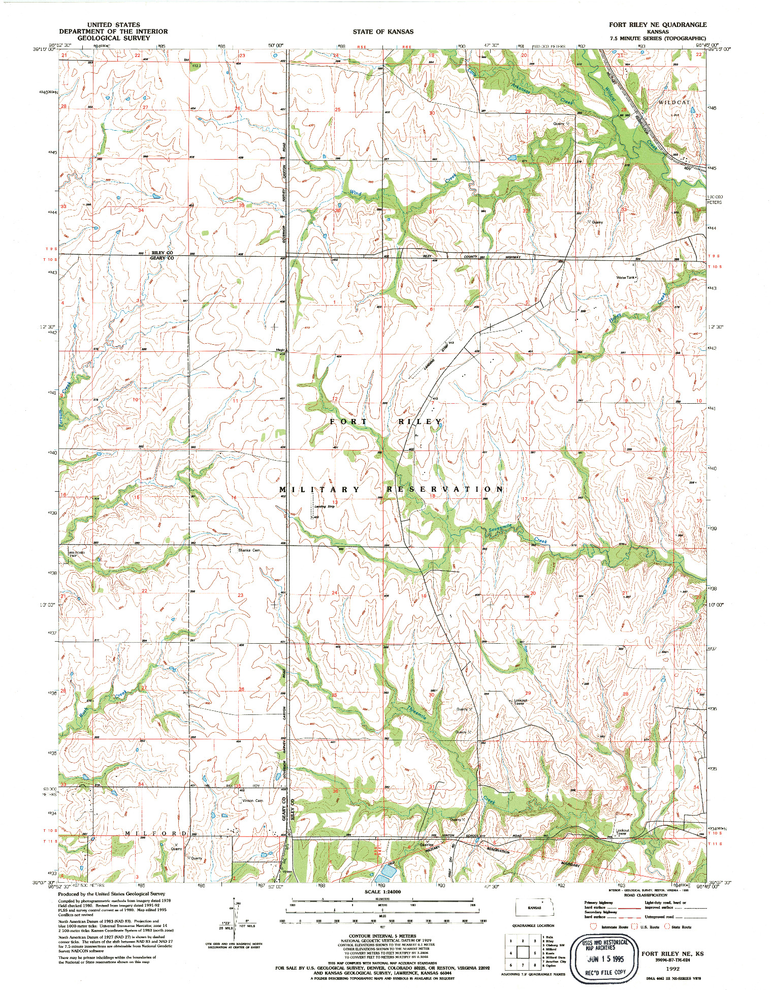 USGS 1:24000-SCALE QUADRANGLE FOR FORT RILEY NE, KS 1992