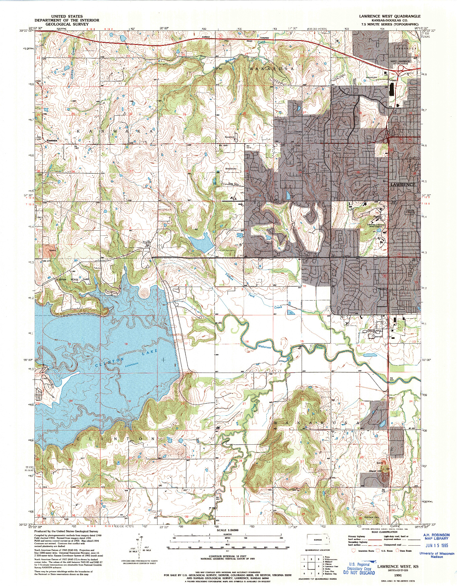 USGS 1:24000-SCALE QUADRANGLE FOR LAWRENCE WEST, KS 1991