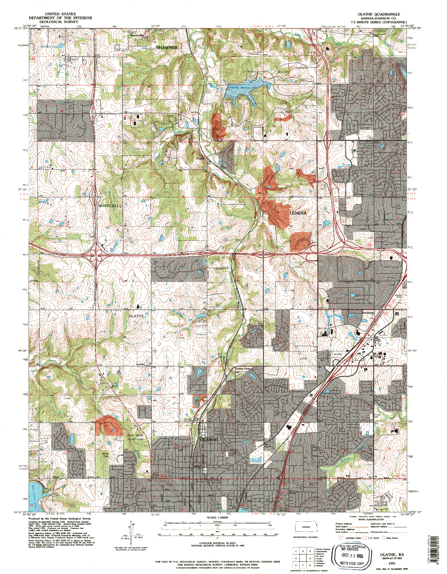 USGS 1:24000-SCALE QUADRANGLE FOR OLATHE, KS 1991