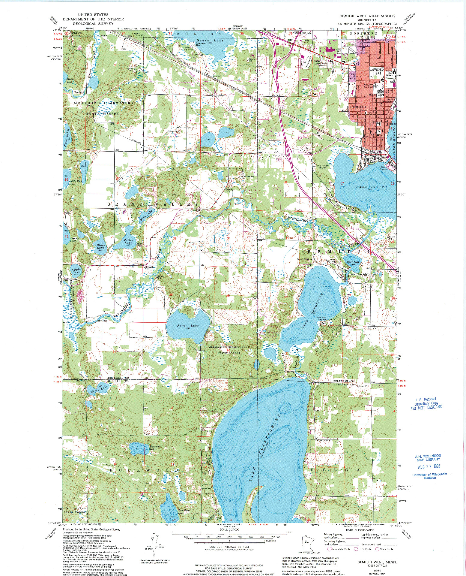 USGS 1:24000-SCALE QUADRANGLE FOR BEMIDJI WEST, MN 1968