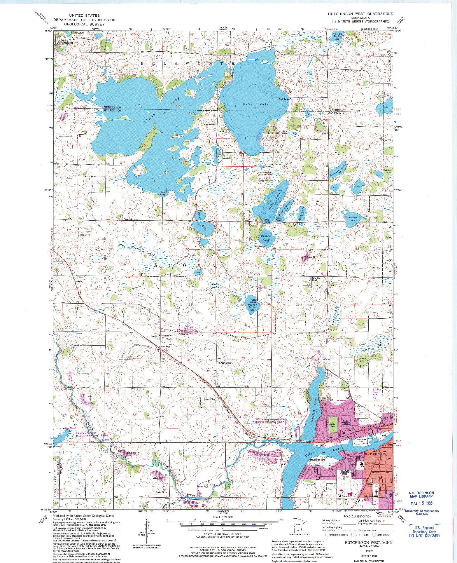 USGS 1:24000-SCALE QUADRANGLE FOR HUTCHINSON WEST, MN 1982