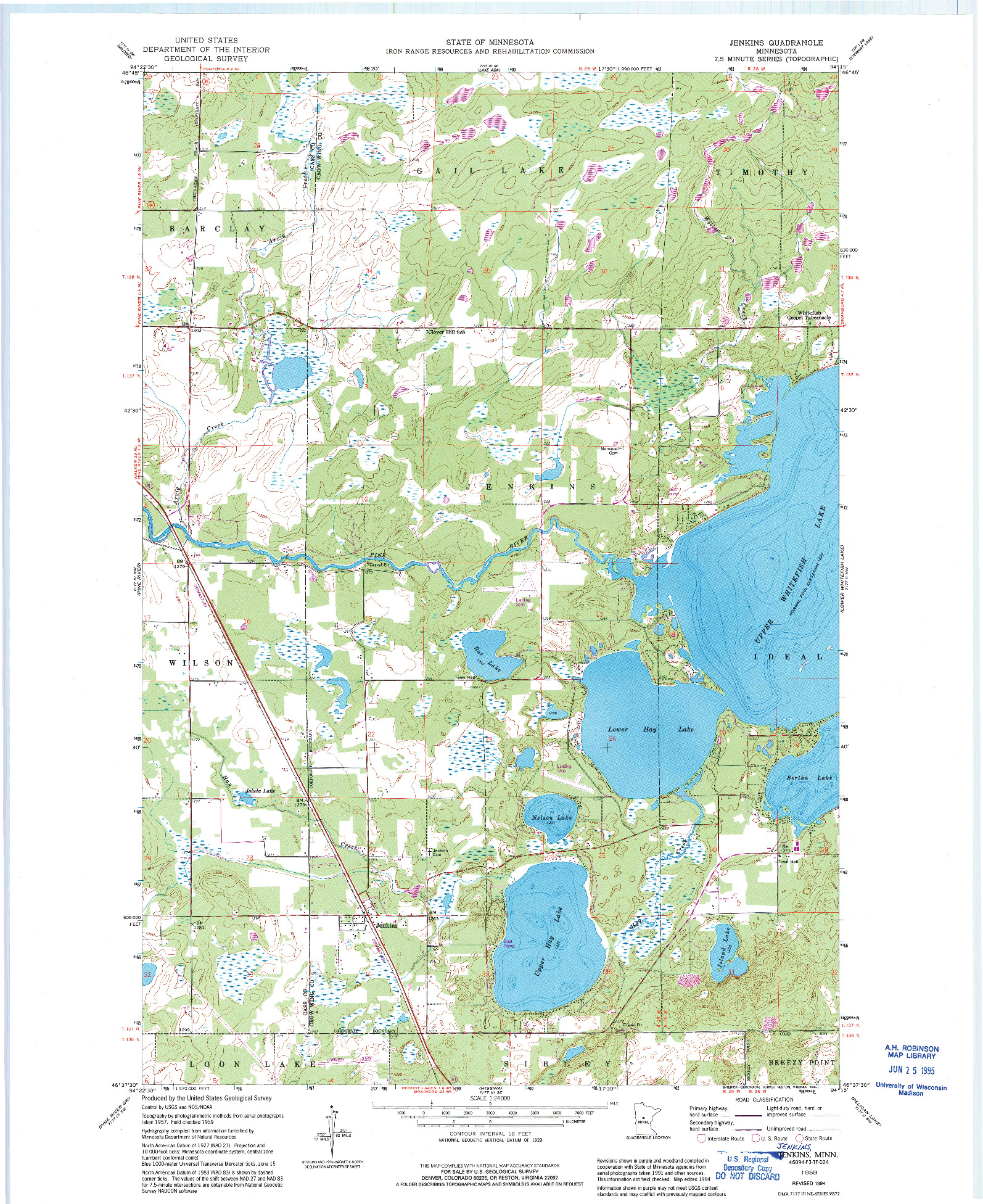 USGS 1:24000-SCALE QUADRANGLE FOR JENKINS, MN 1959