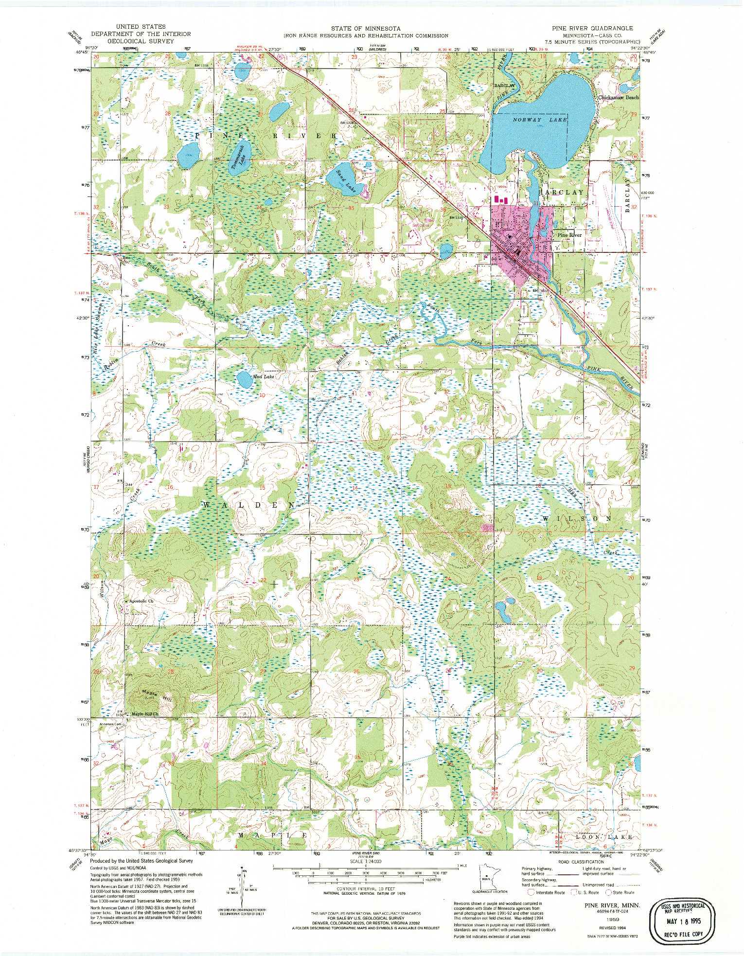 USGS 1:24000-SCALE QUADRANGLE FOR PINE RIVER, MN 1959