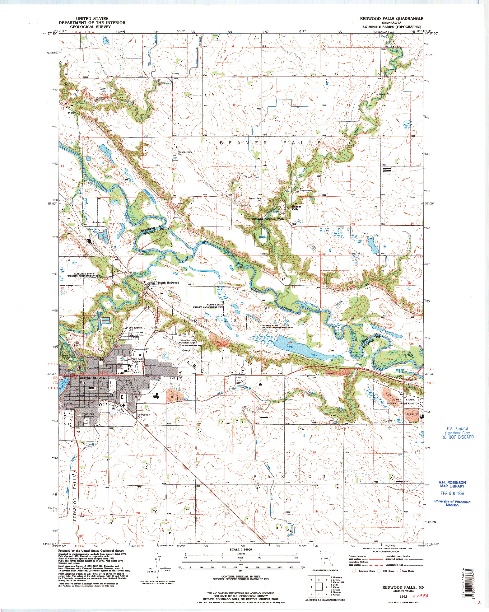 USGS 1:24000-SCALE QUADRANGLE FOR REDWOOD FALLS, MN 1992