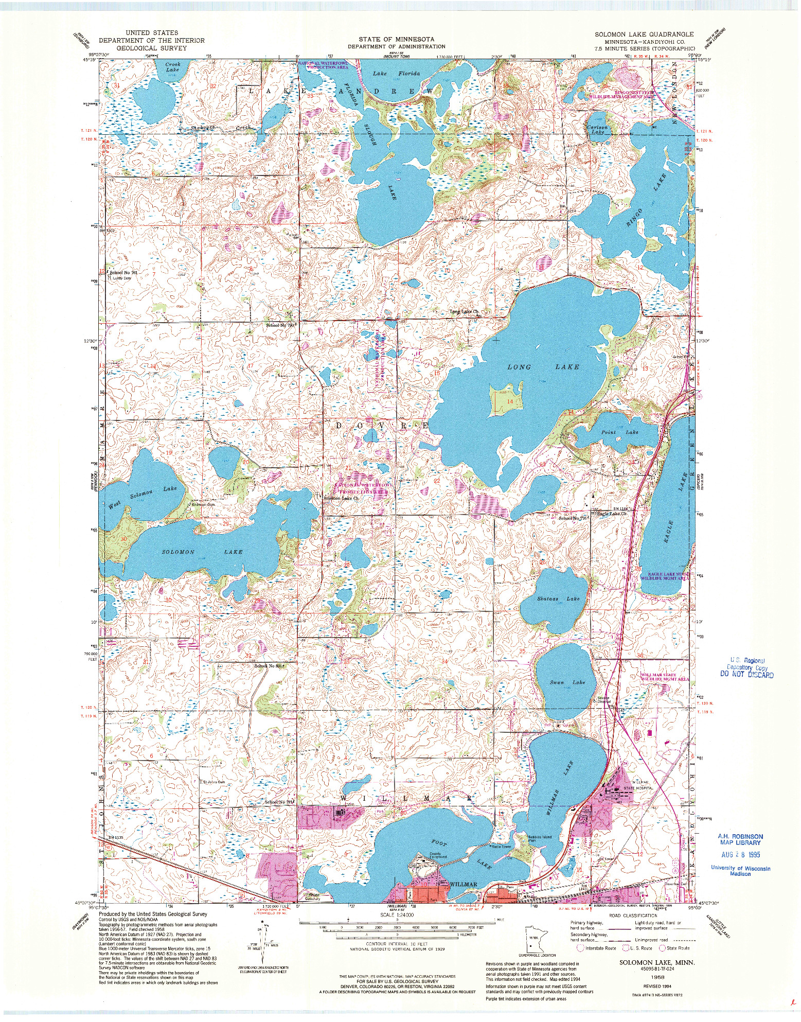 USGS 1:24000-SCALE QUADRANGLE FOR SOLOMON LAKE, MN 1958