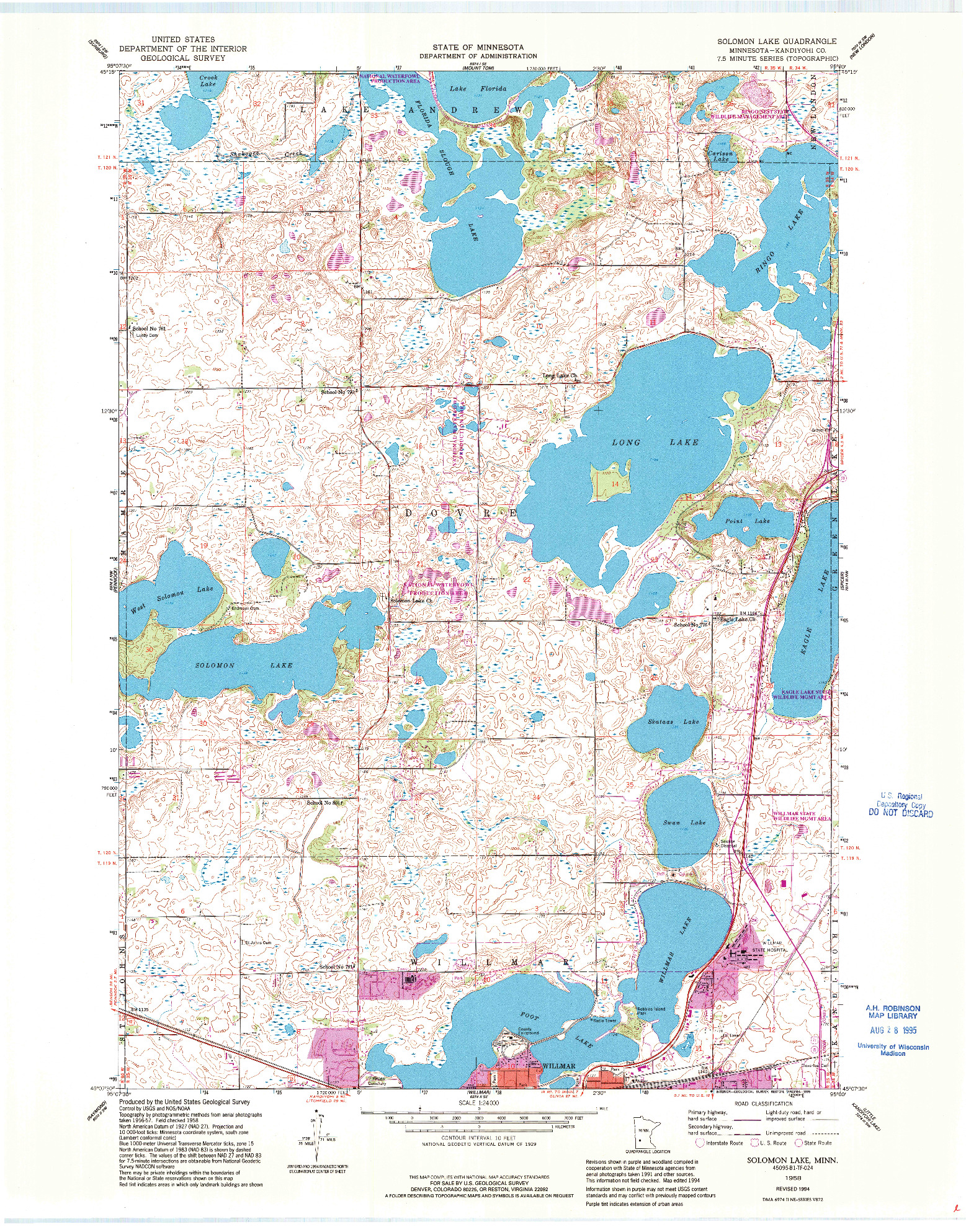 USGS 1:24000-SCALE QUADRANGLE FOR SOLOMON LAKE, MN 1958