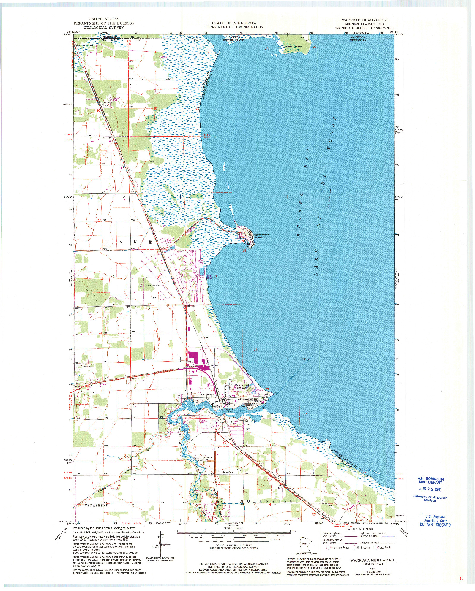 USGS 1:24000-SCALE QUADRANGLE FOR WARROAD, MN 1967