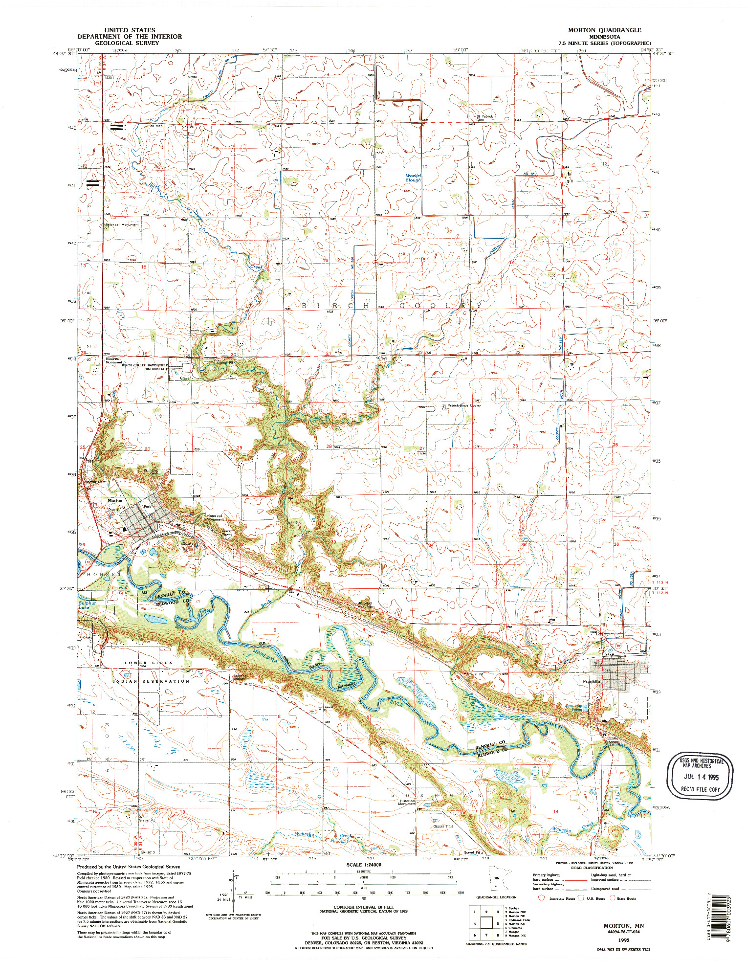 USGS 1:24000-SCALE QUADRANGLE FOR MORTON, MN 1992