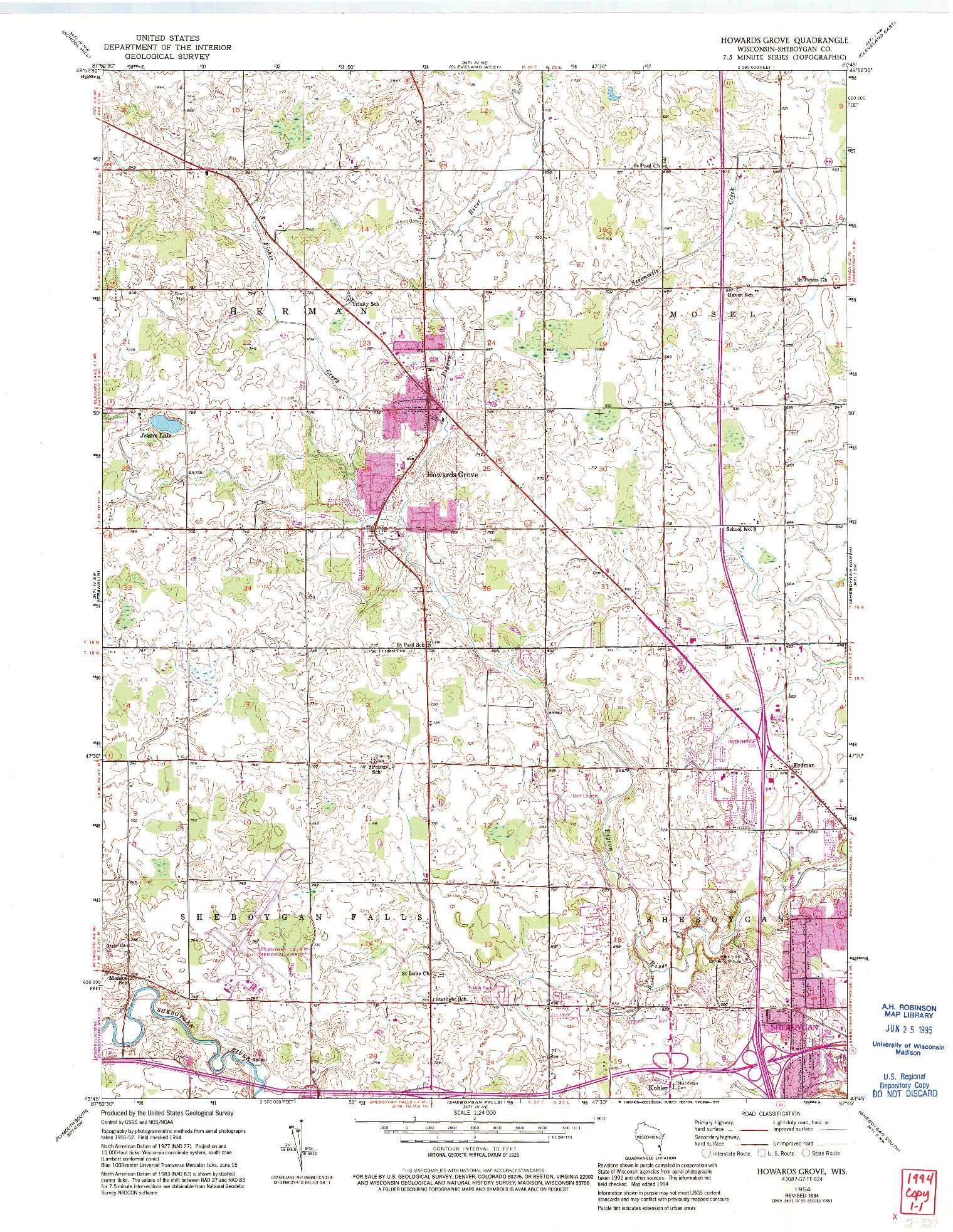 USGS 1:24000-SCALE QUADRANGLE FOR HOWARDS GROVE, WI 1954