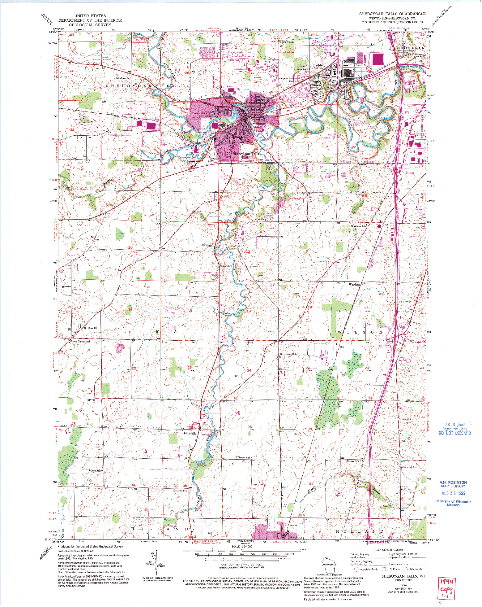 USGS 1:24000-SCALE QUADRANGLE FOR SHEBOYGAN FALLS, WI 1954