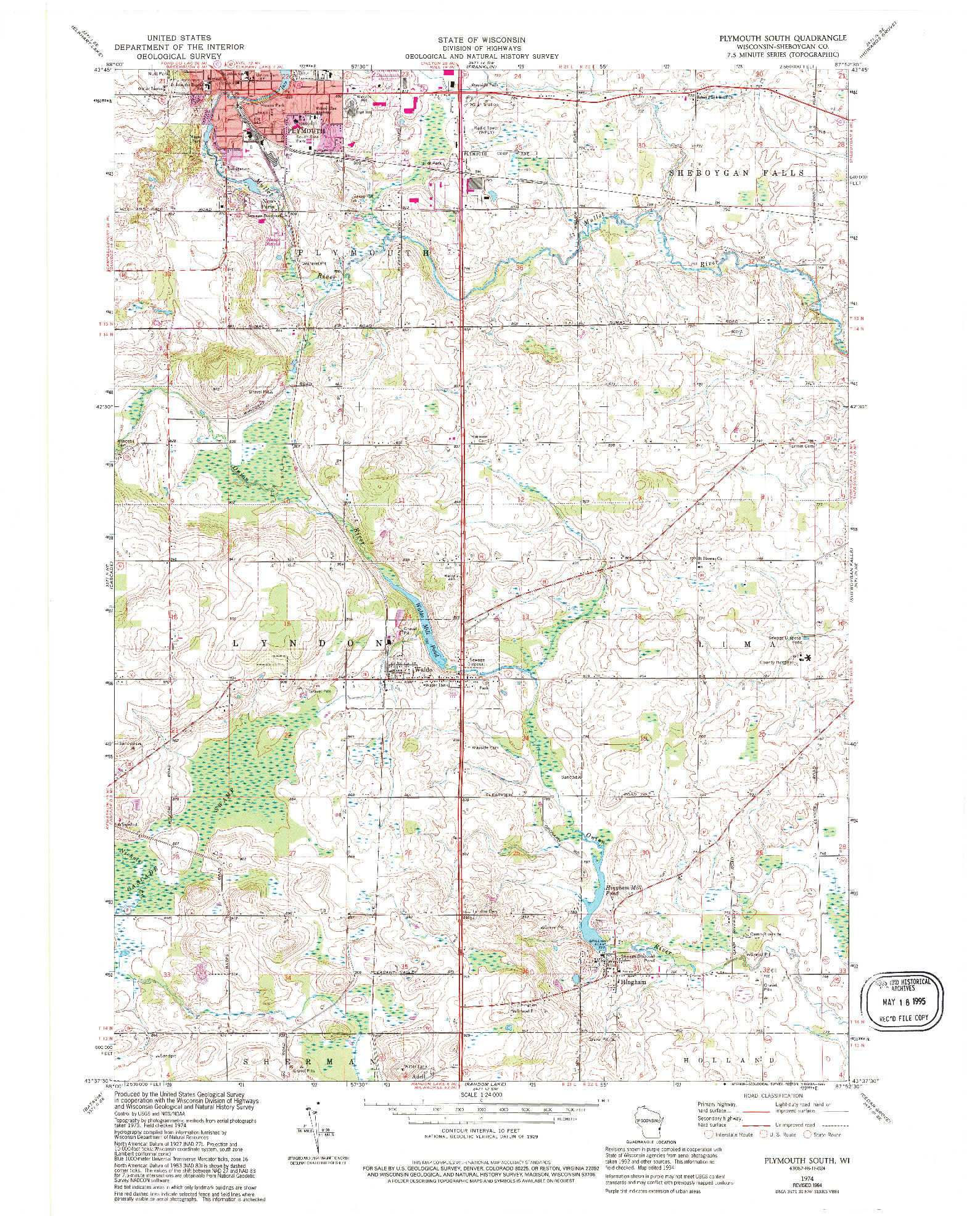 USGS 1:24000-SCALE QUADRANGLE FOR PLYMOUTH SOUTH, WI 1974