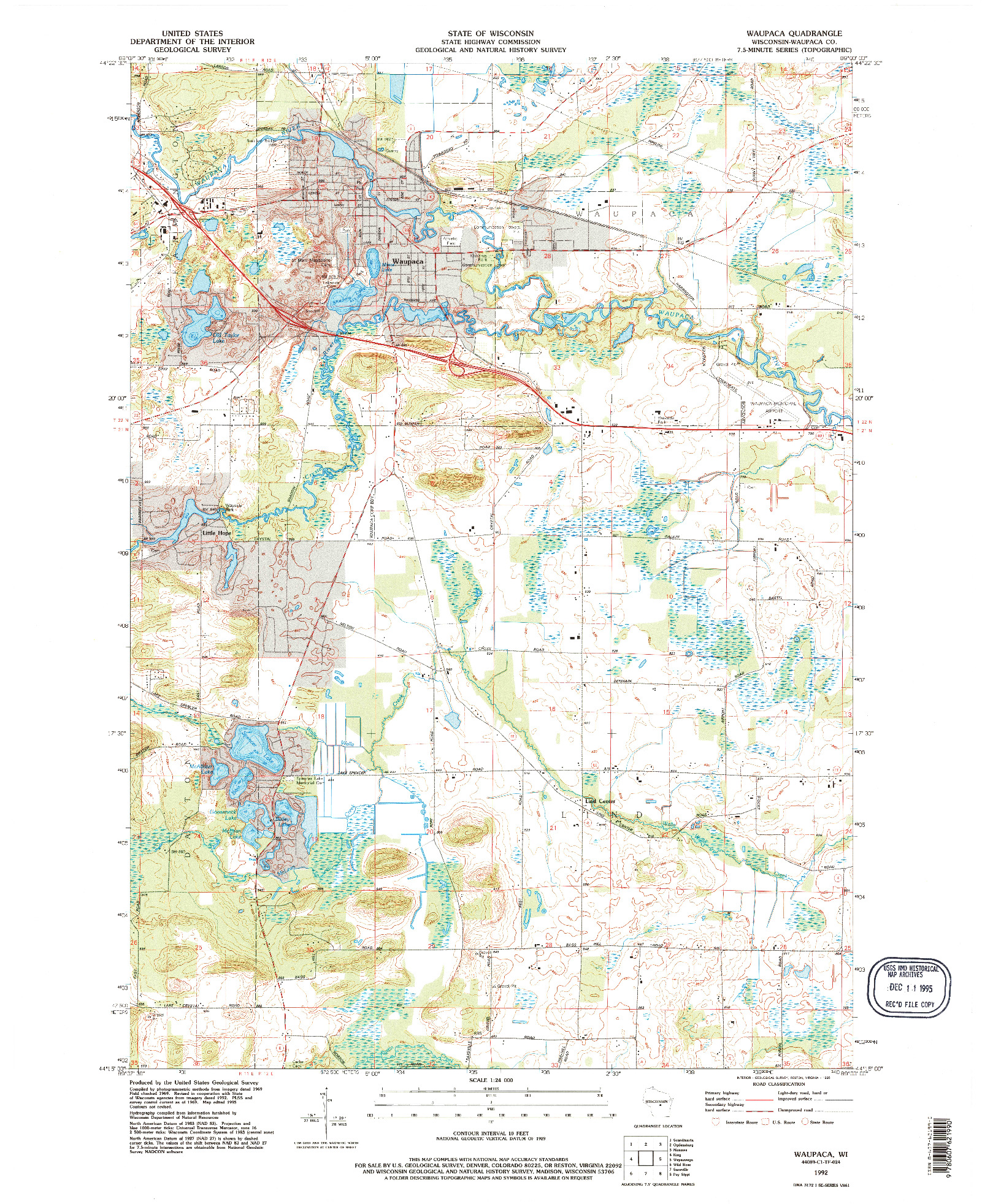 USGS 1:24000-SCALE QUADRANGLE FOR WAUPACA, WI 1992