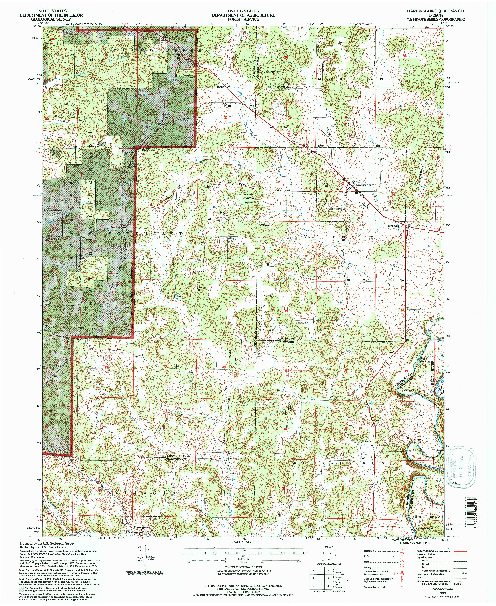 USGS 1:24000-SCALE QUADRANGLE FOR HARDINSBURG, IN 1993