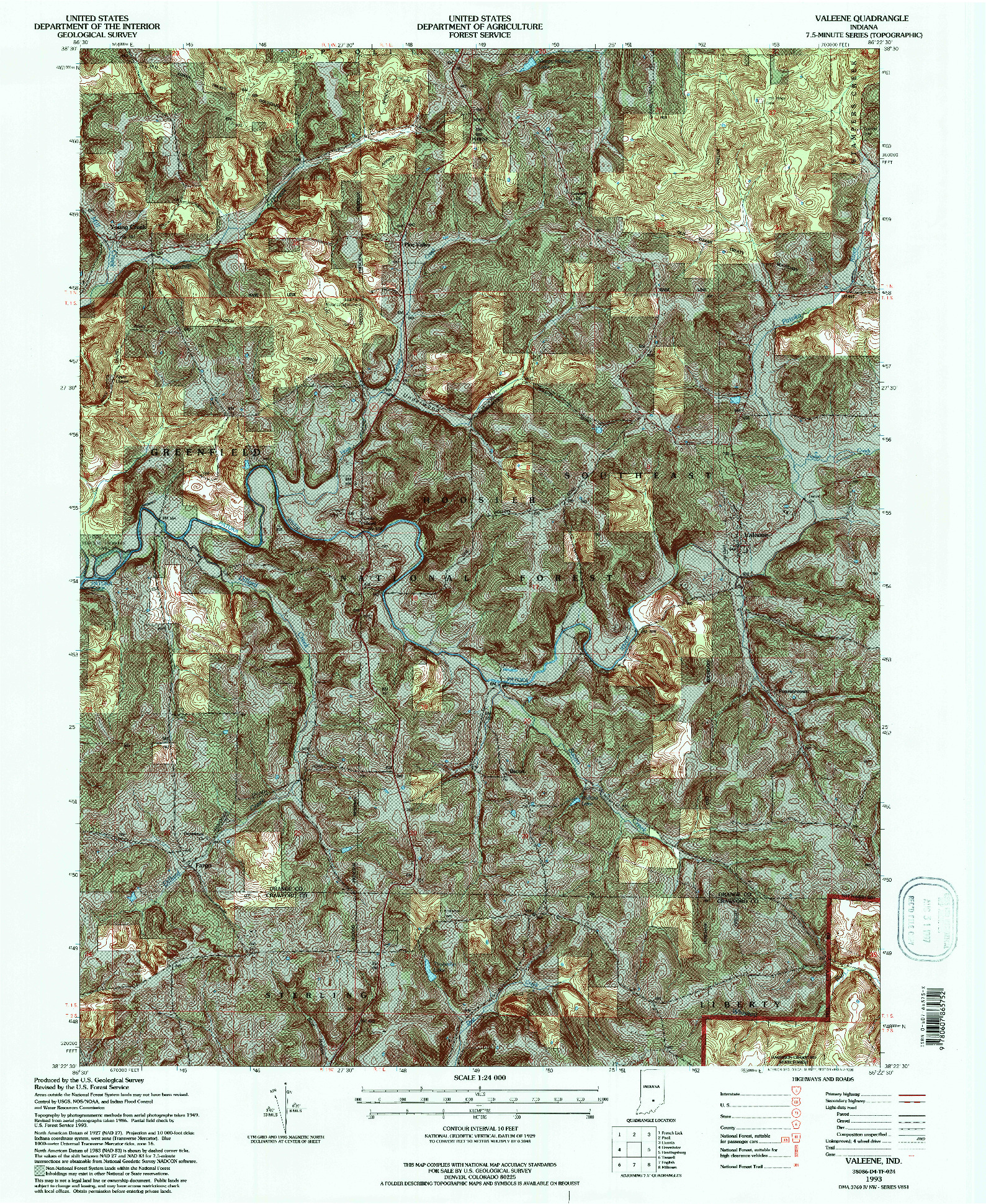 USGS 1:24000-SCALE QUADRANGLE FOR VALEENE, IN 1993