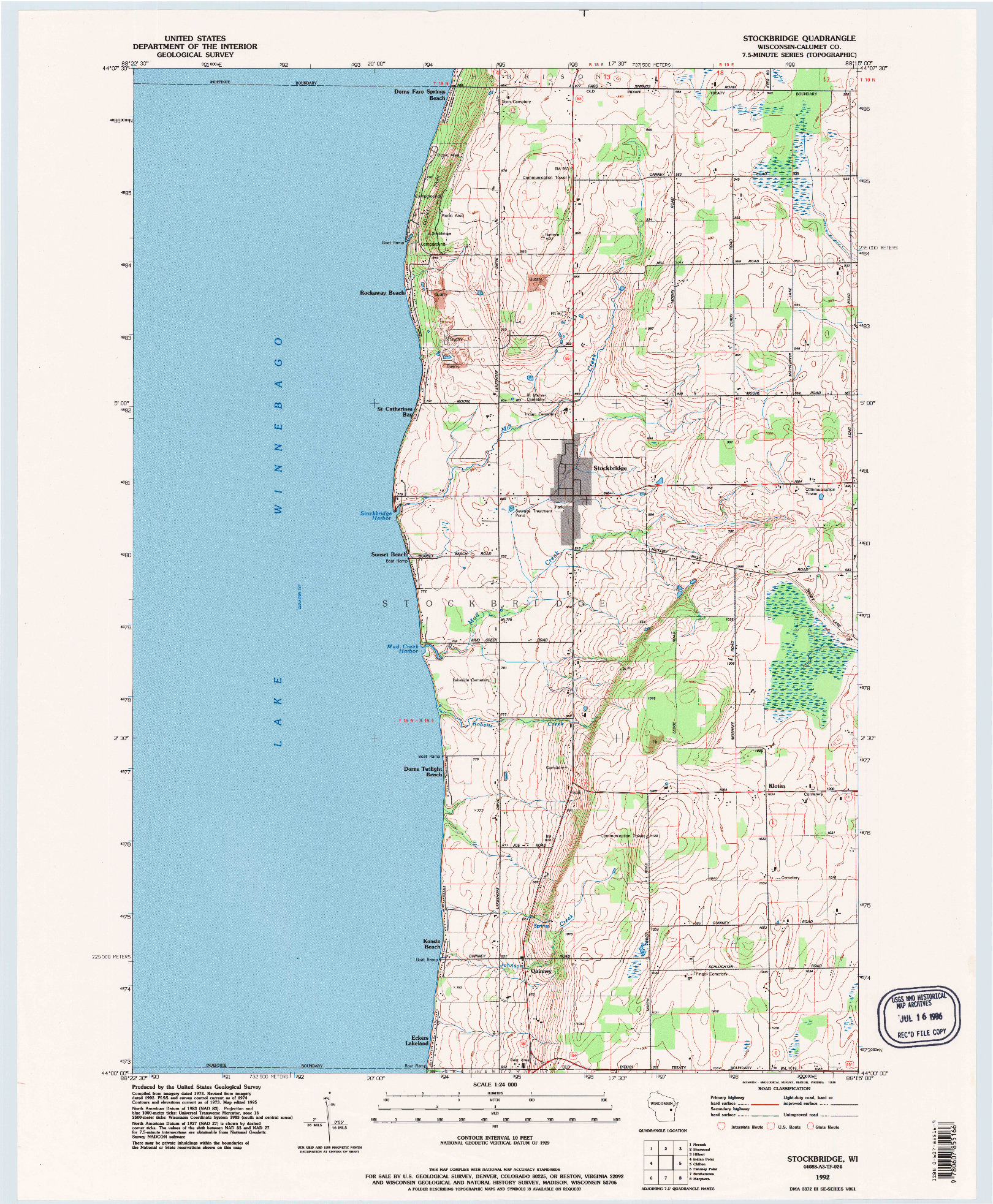 USGS 1:24000-SCALE QUADRANGLE FOR STOCKBRIDGE, WI 1992