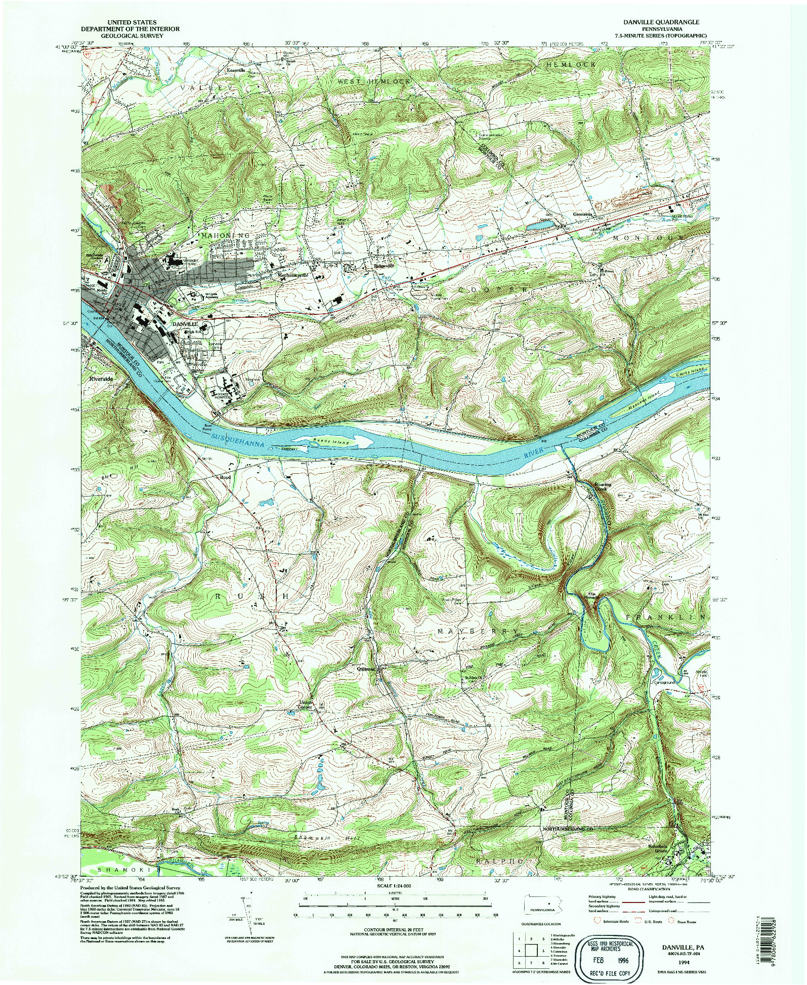 USGS 1:24000-SCALE QUADRANGLE FOR DANVILLE, PA 1994