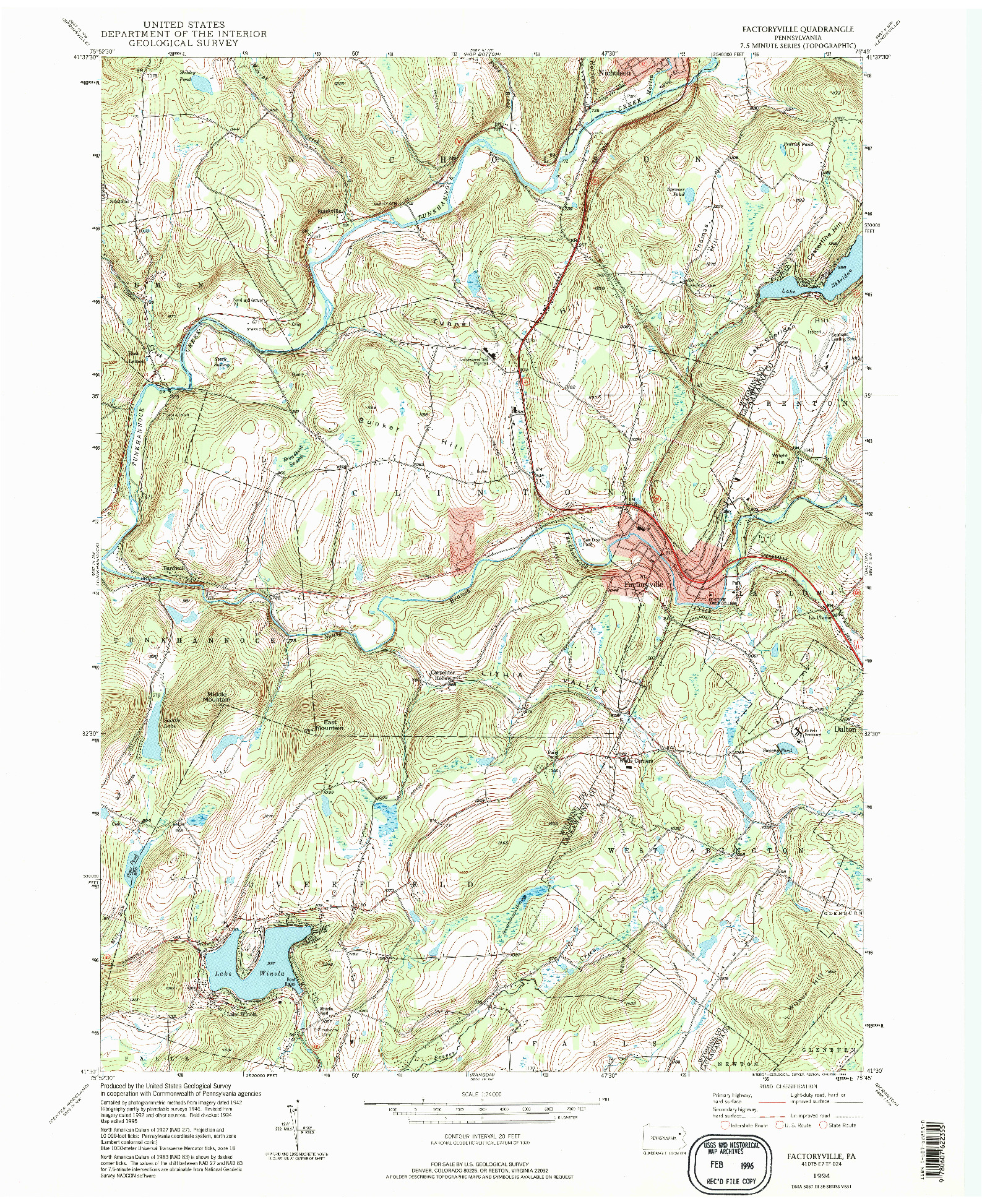 USGS 1:24000-SCALE QUADRANGLE FOR FACTORYVILLE, PA 1994