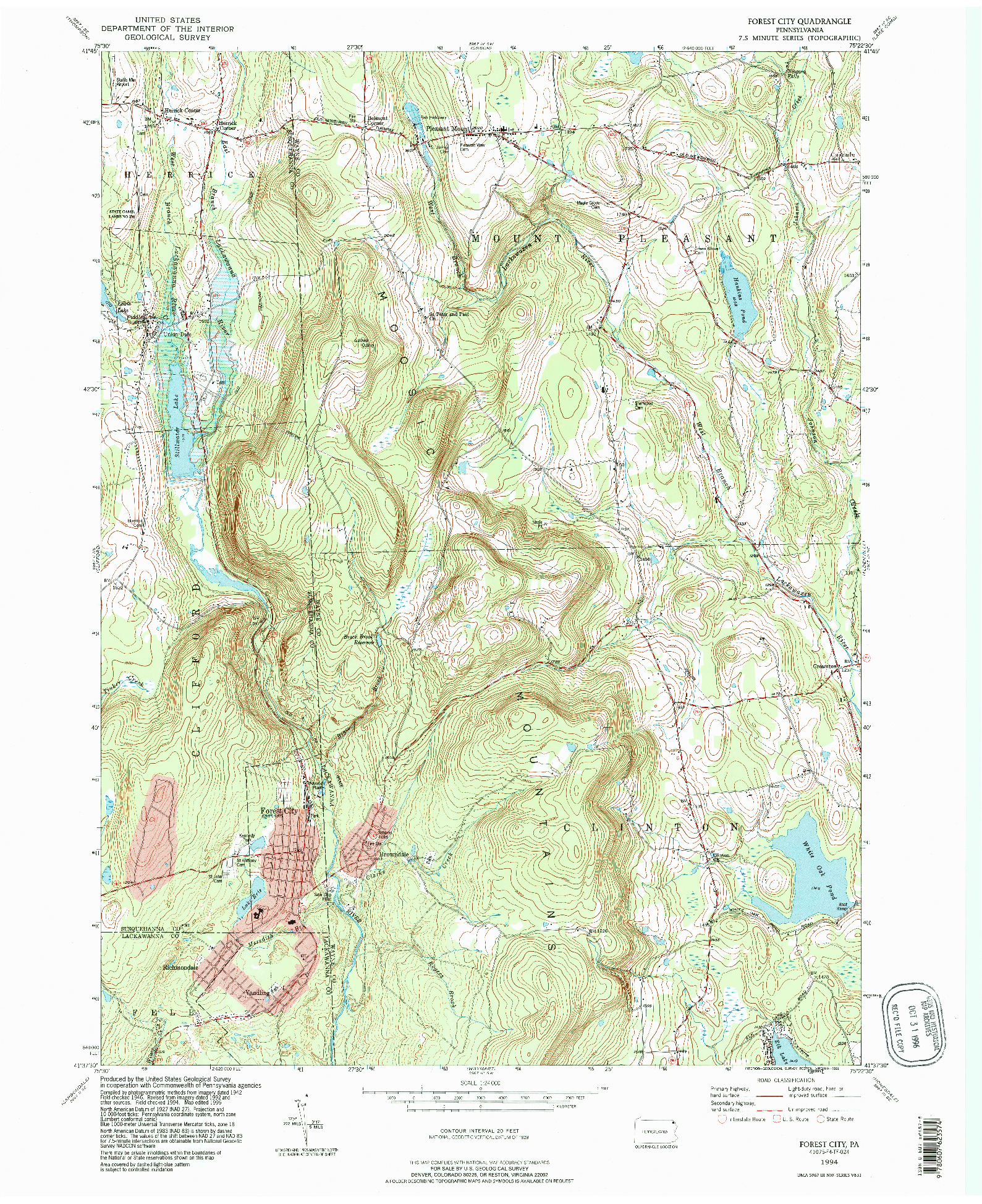 USGS 1:24000-SCALE QUADRANGLE FOR FOREST CITY, PA 1994