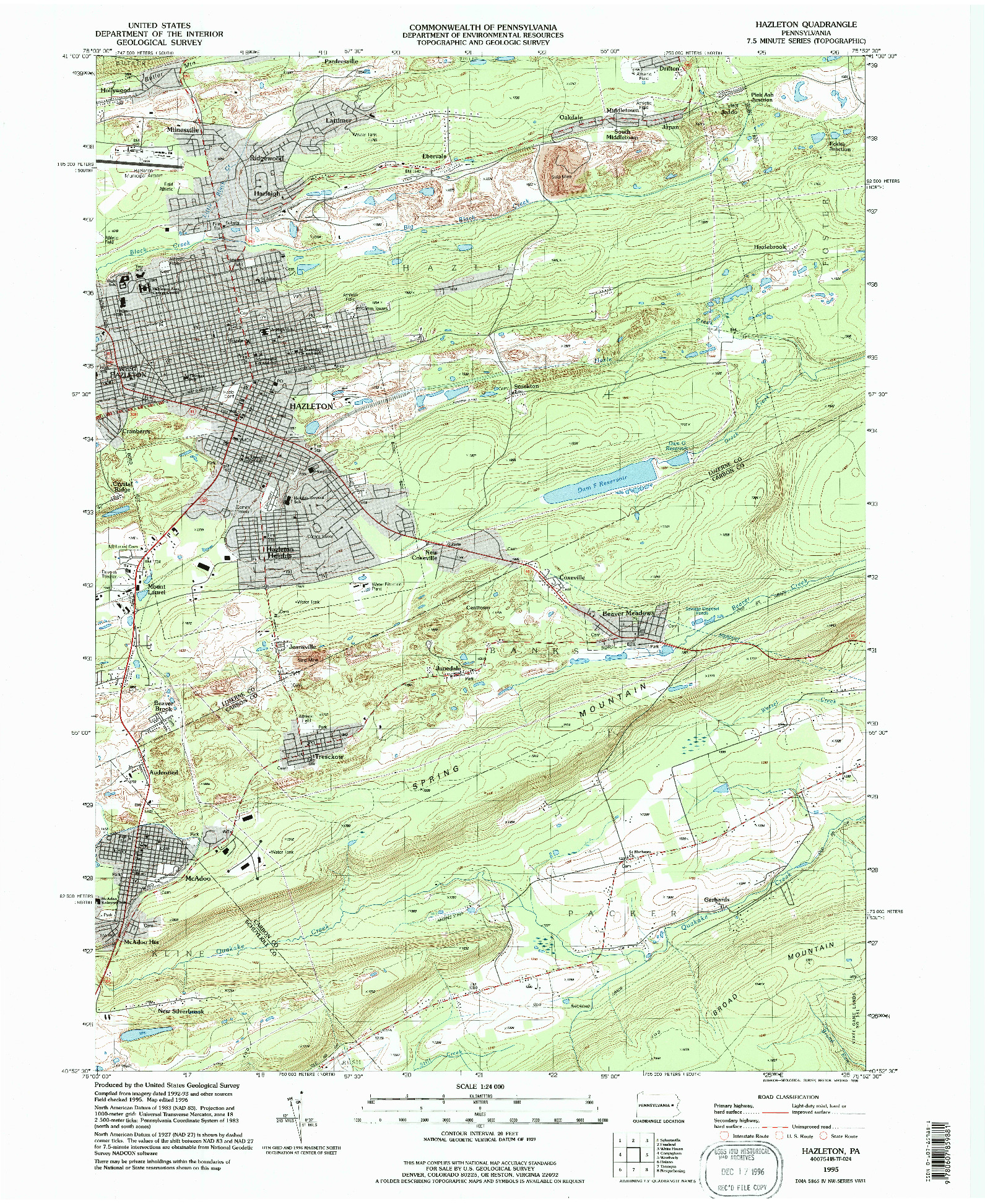 USGS 1:24000-SCALE QUADRANGLE FOR HAZLETON, PA 1995